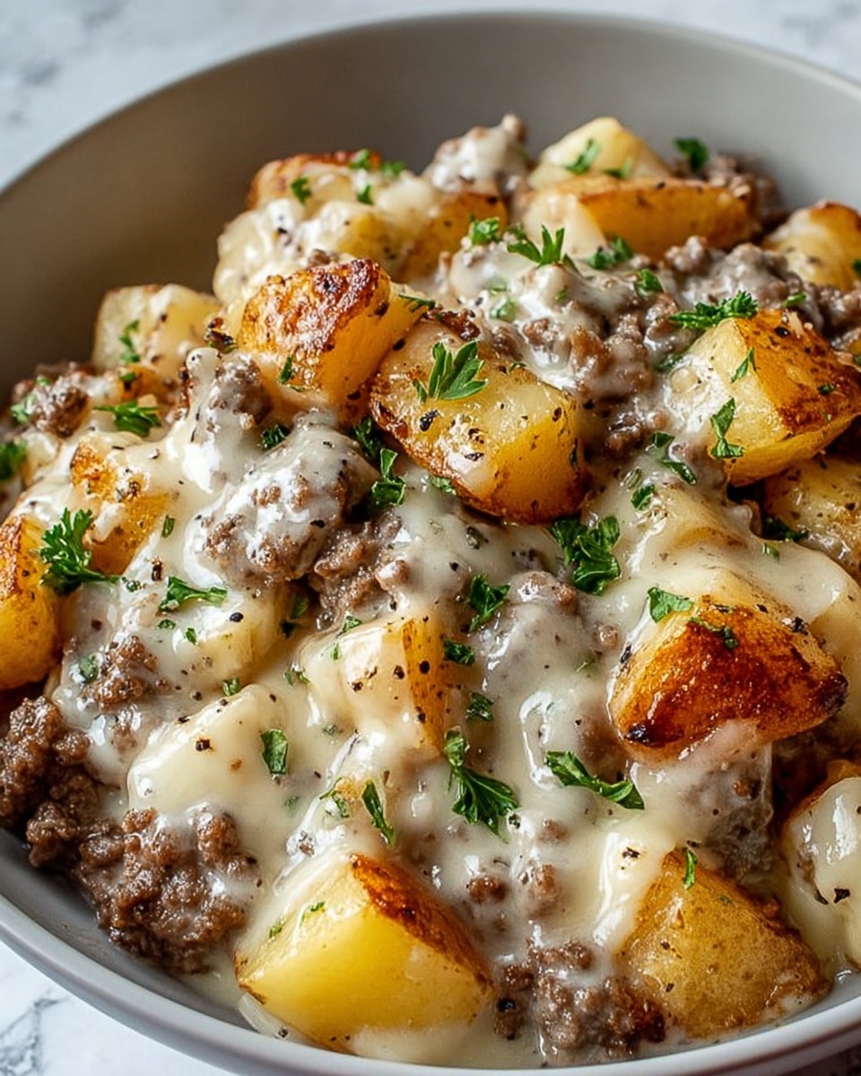A close-up view of a creamy dish in a white bowl, showing roughly three layers. The bottom layer consists of soft, golden-brown roasted potato chunks, some with a slight crispy edge. The middle layer features crumbled brown cooked ground meat mixed evenly among the potatoes. The top layer is a smooth, melted white cheese sauce that coats the potatoes and meat, with small flecks of black pepper and fresh green parsley sprinkled on top for color. The whole dish looks rich and comforting, sitting against a white marbled textured background. Photo taken with an iphone --ar 4:5 --v 7