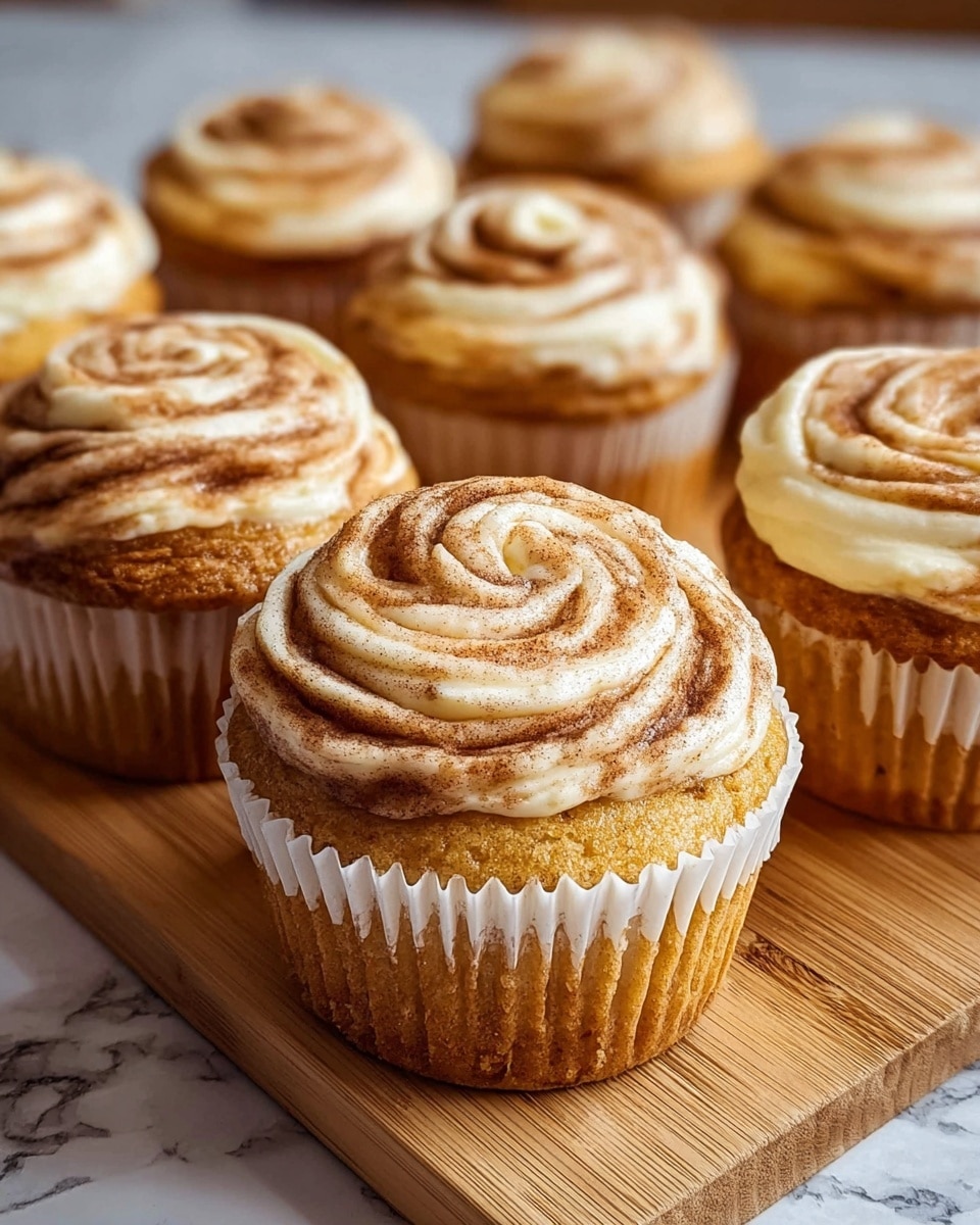The image shows seven cinnamon swirl cupcakes arranged on a wooden board placed on a white marbled surface. Each cupcake has two visible layers: the base layer is a golden brown cake with a soft texture, wrapped in white ridged paper liners, and the top layer is a creamy swirl of light beige frosting mixed with a cinnamon brown powder, creating a marbled spiral pattern that rises slightly above the cake. The cupcakes look moist and slightly crumbly on the edges, and the frosting appears smooth and slightly glossy. Photo taken with an iphone --ar 4:5 --v 7