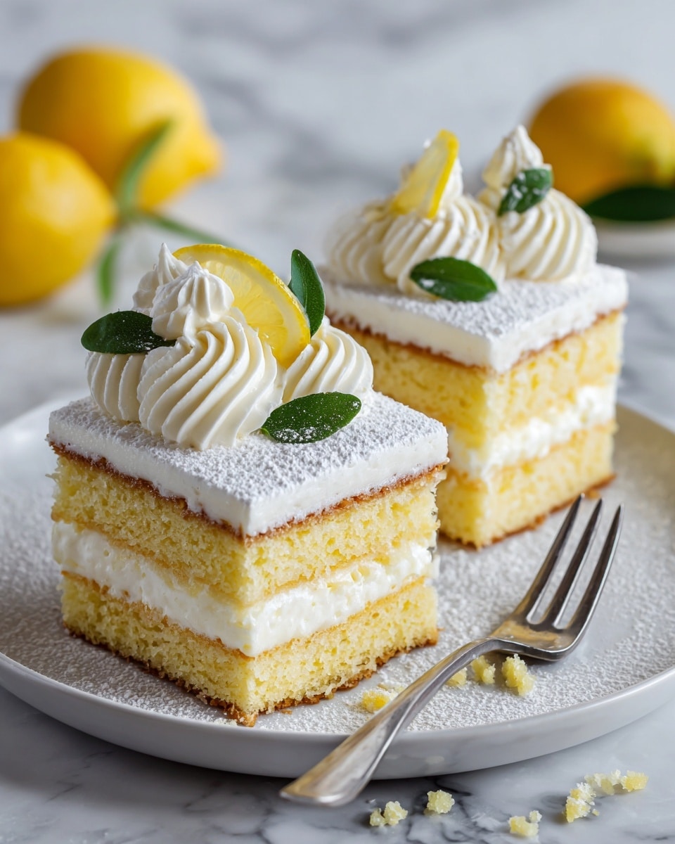 The image shows two pieces of lemon cake on a white plate with a dusty powdered sugar coating. Each piece has three layers: two soft yellow sponge cake layers and a thick middle layer of white cream. The cake is topped with a smooth layer of white cream, decorated with swirls of whipped cream, thin lemon slices, and small green leaves. Some cake crumbs are scattered on the plate near the front piece, and a silver fork lies beside the cake. The background features a white marbled texture and blurred yellow lemons. Photo taken with an iphone --ar 4:5 --v 7