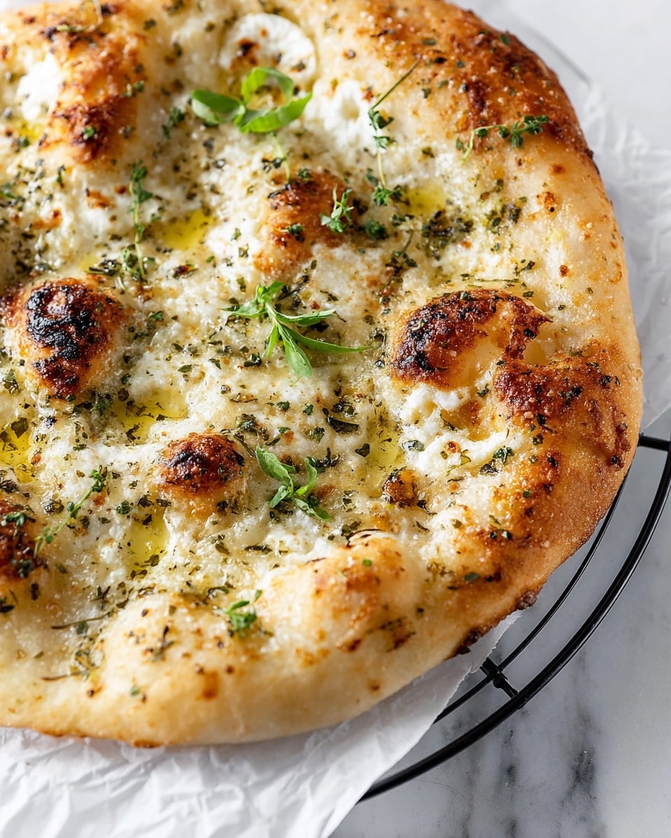 A close-up view of a rustic pizza showing one thick, golden-brown crust with a slightly crispy texture on the edges surrounding a creamy white cheese layer dotted with browned melted cheese spots. The surface is sprinkled with green herbs and small leaves of fresh basil, scattered evenly across the cheese. There are glistening drops of olive oil pooling slightly on the cheese surface, adding a shiny texture. The pizza is placed on white paper over a black wire rack against a white marbled texture background. Photo taken with an iphone --ar 4:5 --v 7