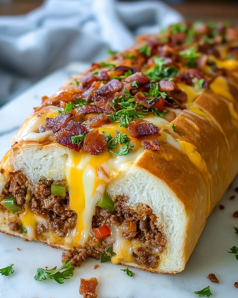 The image shows a long sandwich loaf sliced into sections. The bottom layer is a soft white bread roll with a fluffy texture. Inside the bread, there is a thick layer of cooked ground beef mixed with pieces of green pepper and red tomato bits. Over the meat, there is a generous layer of melted yellow and white cheese, flowing down the sides. Scattered on top of the cheese are small pieces of crispy cooked bacon and green parsley leaves adding fresh color. The sandwich sits on a white marbled surface with some scattered parsley flakes, and the photo is close-up, highlighting the melty cheese and savory fillings. photo taken with an iphone --ar 4:5 --v 7