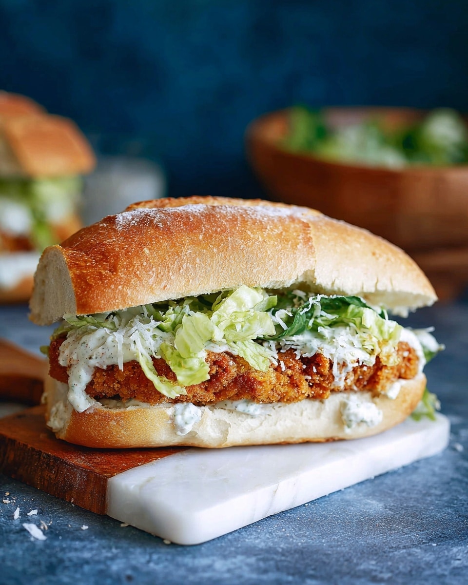 A sandwich sits on a white marbled surface with a wooden edge, featuring three main layers inside a soft, slightly toasted white bread baguette cut horizontally. The bottom layer is a light, crusty piece of bread, above it a golden-brown, crispy patty with a rough texture takes the center. The top layer is fresh green lettuce mixed with creamy white dressing and sprinkled with fine bits of grated cheese, giving it a slightly textured and shiny look. In the background, a blurry sandwich and a wooden bowl with greens add depth, all set against a dark blue backdrop. photo taken with an iphone --ar 4:5 --v 7