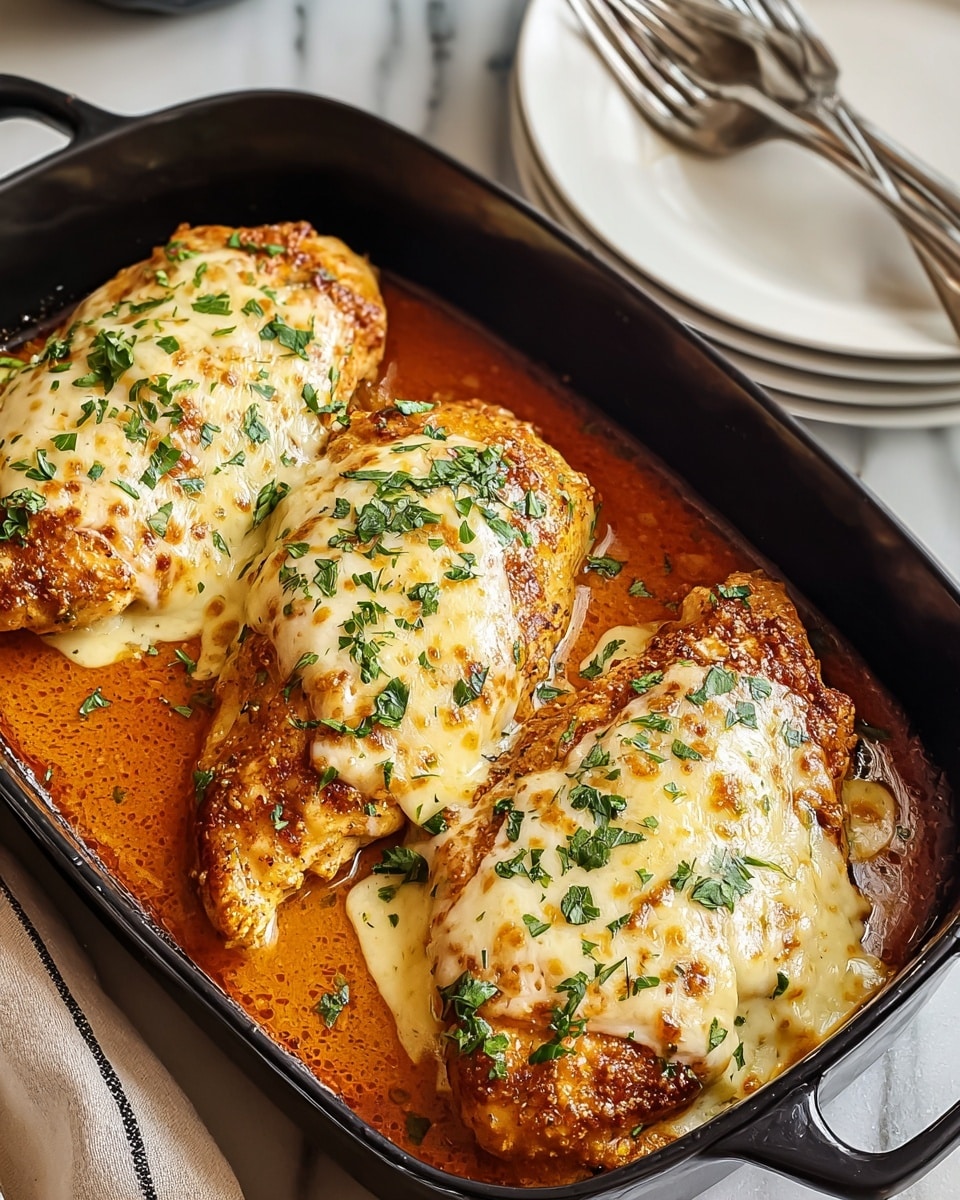 The image shows three large pieces of cooked chicken breast in a black baking dish, each topped with a thick layer of melted, golden-brown cheese sprinkled with chopped green herbs. The chicken beneath the cheese is golden and slightly crispy on the edges, sitting in a shallow pool of reddish-brown sauce. The cheese is bubbly and smooth, covering most of the chicken's surface. The baking dish is placed on a white marbled surface, with a white plate and silver forks stacked in the background. photo taken with an iphone --ar 4:5 --v 7
