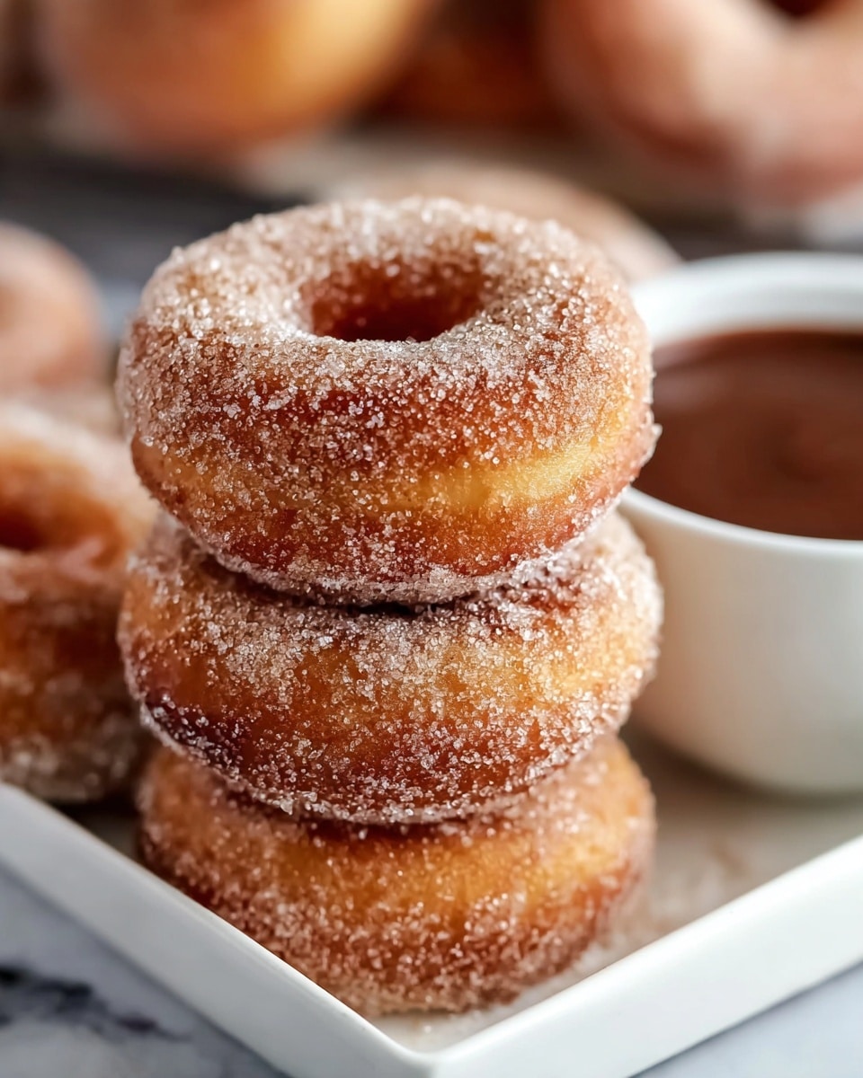 A close-up shot of six cinnamon sugar-covered mini donuts stacked on a rectangular metal tray. Four donuts are on the bottom with one more donut stacked on top and another donut placed leaning against the stack. The donuts are golden brown, with a sugary, grainy texture visible on their surface. In the background, more donuts are scattered out of focus. To the left of the tray is a white cup filled with a smooth chocolate dipping sauce. The scene is set on a white marbled texture surface. Photo taken with an iphone --ar 4:5 --v 7