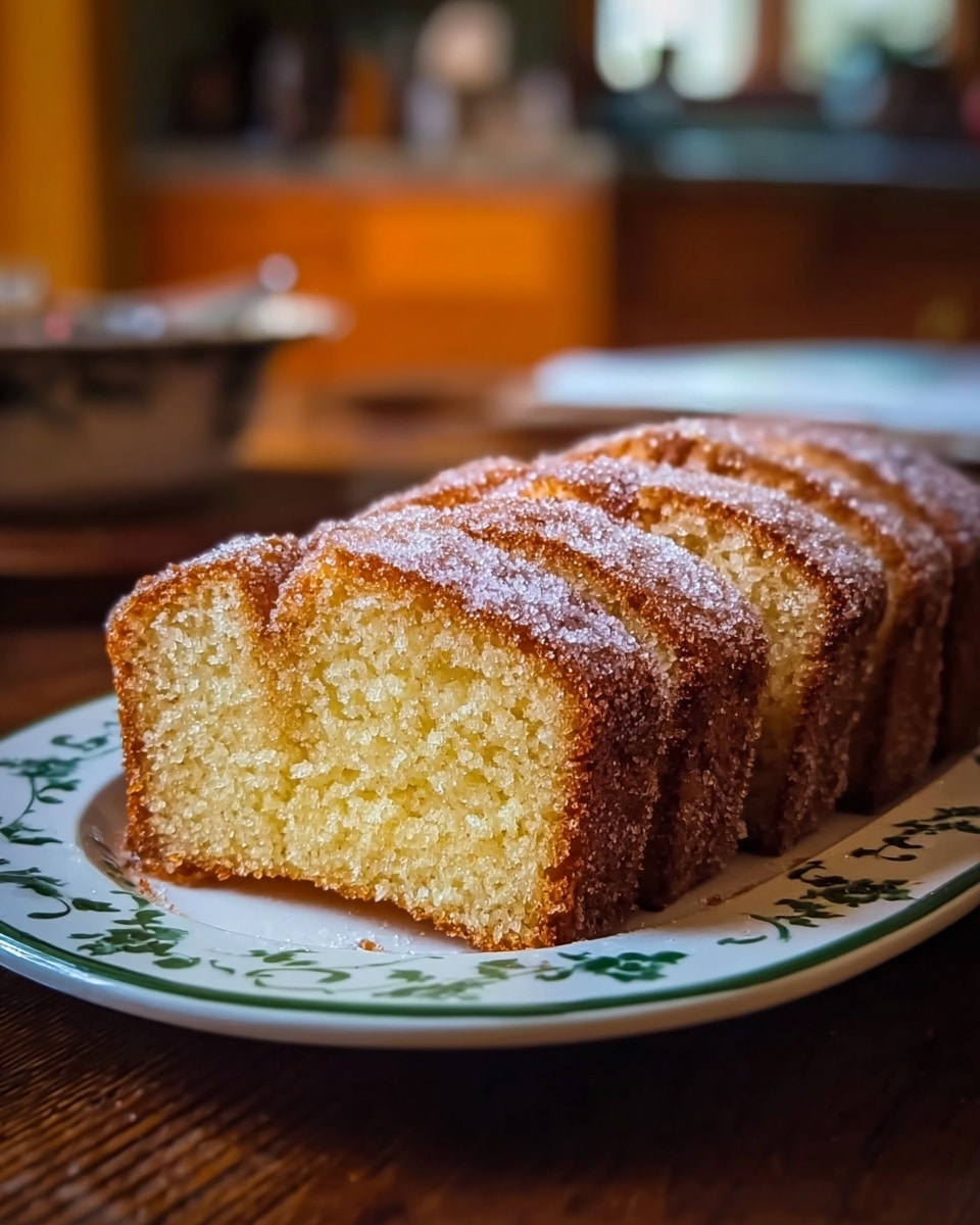 A close-up view of a sliced loaf cake placed on a white plate with a green floral border, sitting on a dark wooden table. The cake has a golden-brown crust covered in granulated sugar, giving it a sparkling texture. The inside is a moist, light yellow crumb with a soft texture. The loaf is cut into even slices, revealing the consistent and fluffy interior. The background includes blurred kitchen furniture with warm tones, enhancing the cozy feeling. photo taken with an iphone --ar 4:5 --v 7