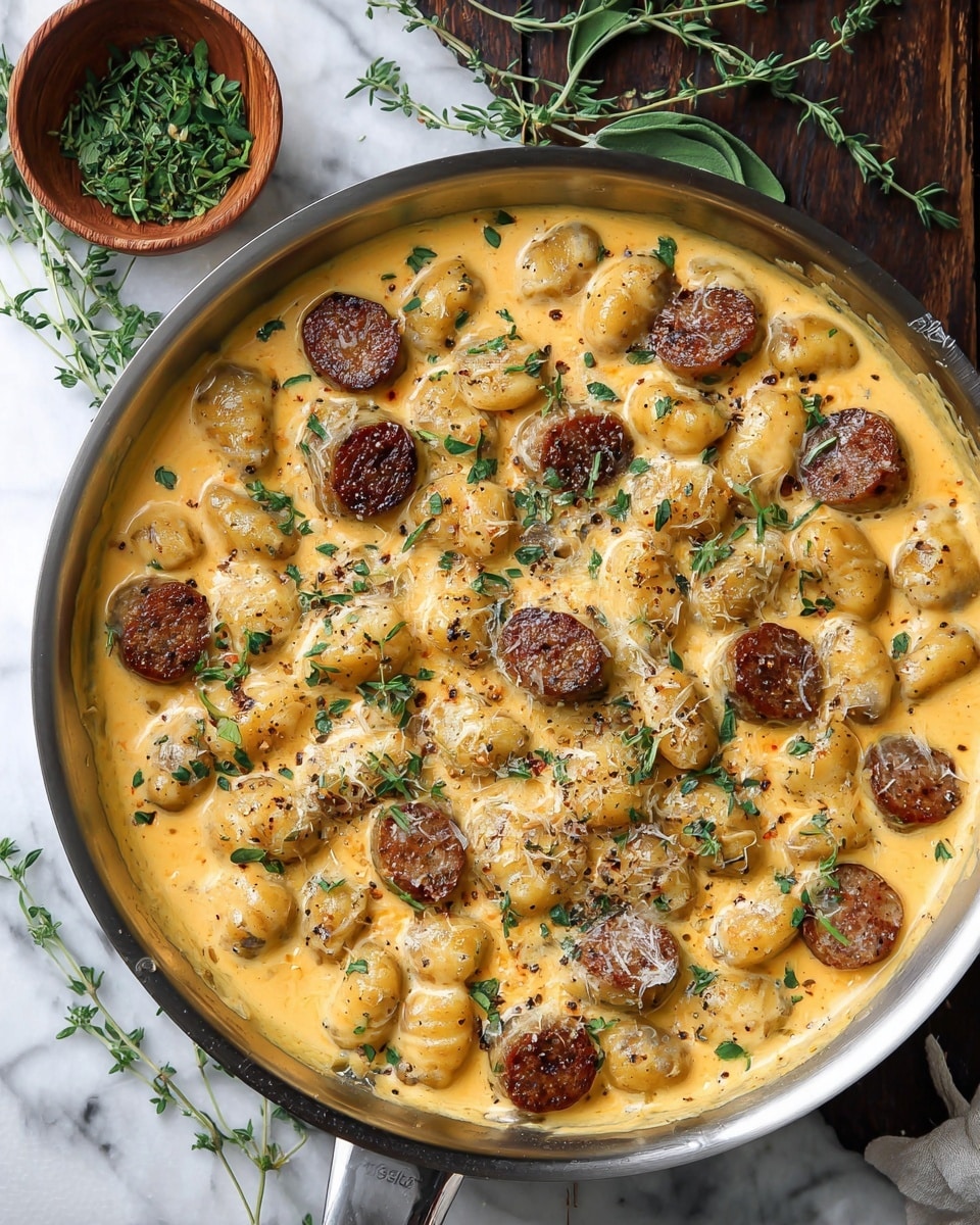 A silver pan filled with several layers of round gnocchi and browned sausage slices covered in a creamy orange cheese sauce. The gnocchi and sausage pieces are mixed evenly, scattered with small green herb leaves and bits of cracked black pepper, adding texture and a fresh look. The pan is placed on a white marbled surface with fresh green herb sprigs beside it and a small wooden bowl holding more herbs nearby. photo taken with an iphone --ar 4:5 --v 7