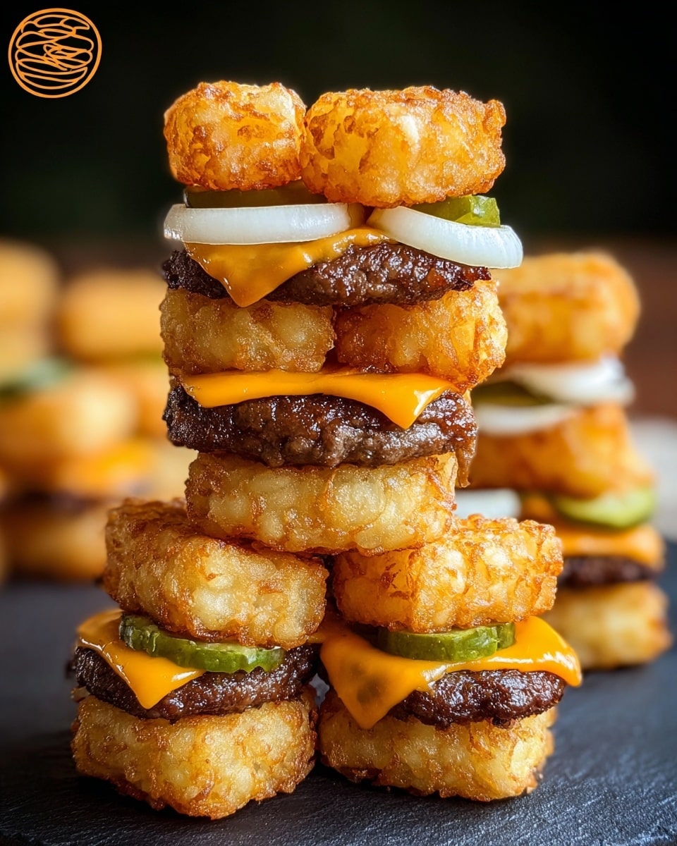 The image shows several mini burgers stacked in a pyramid shape on a dark surface. Each mini burger has three layers: the top and bottom layers are golden, crispy hash brown patties with a crunchy texture, while the middle layer is a juicy, browned beef patty topped with melted bright orange cheddar cheese. There are thin slices of raw onion and small pieces of green pickle placed between the hash browns and the beef patty. The background is softly blurred with a dark tone, and the burgers are clearly the focus. The photo taken with an iphone --ar 4:5 --v 7