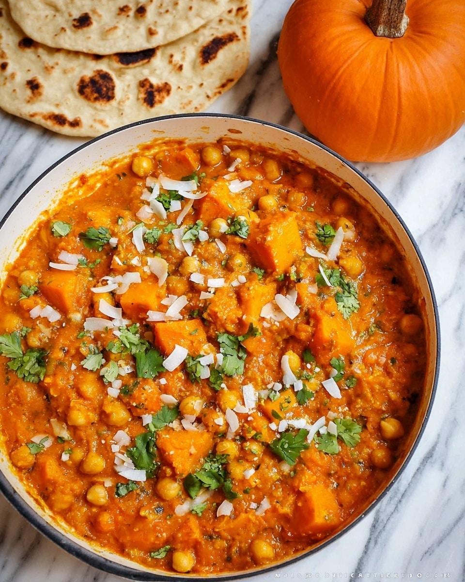 The image shows a white pan filled with a thick orange curry that has large chunks of soft butternut squash and small round chickpeas spread throughout. The bright orange sauce looks creamy and rich, lightly dotted with fresh green cilantro leaves and thin white coconut flakes on top. The edges of the curry have a slightly darker, cooked texture. In the background, to the left, two pieces of flatbread with brown spots rest on the white marbled surface, and to the right, a round orange pumpkin sits upright. photo taken with an iphone --ar 4:5 --v 7