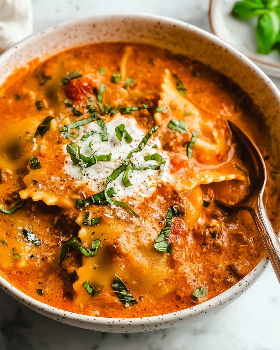 The image shows a close-up of a bowl filled with creamy lasagna soup, featuring several soft, layered pasta sheets visible throughout the dish. The soup has a rich, orange-red creamy tomato base with little bits of green herbs and small pieces of tomato and meat mixed in. Freshly chopped basil leaves are sprinkled on top, adding a touch of green, and there is a dollop of white creamy cheese in the center. A silver spoon is partially dipped into the soup on the right side of the bowl, slightly lifting some pasta layers. The bowl is a white speckled ceramic, sitting on a white marbled surface. Photo taken with an iphone --ar 4:5 --v 7