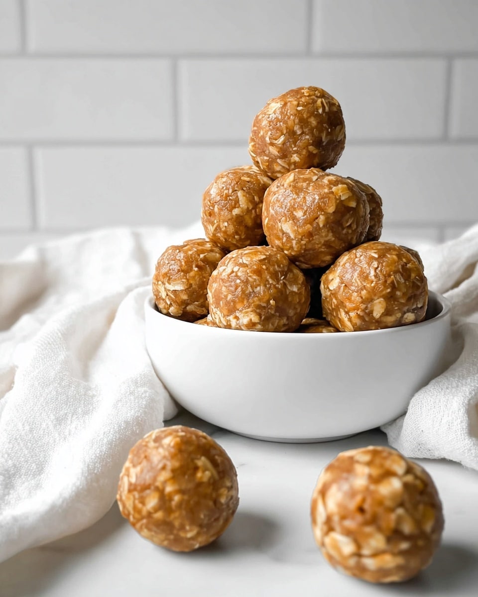 A white bowl is filled with round, brown energy balls that have visible oats embedded in their surface, giving them a slightly rough texture. One energy ball is positioned on top and is bitten into, showing a crumbly yet moist interior dotted with small oat pieces. Around the bowl, a few more energy balls are scattered on a white marbled surface, and a soft white cloth is draped partially behind and around the bowl. The overall setting is bright and clean, highlighting the natural texture and warmth of the treats. photo taken with an iphone --ar 4:5 --v 7