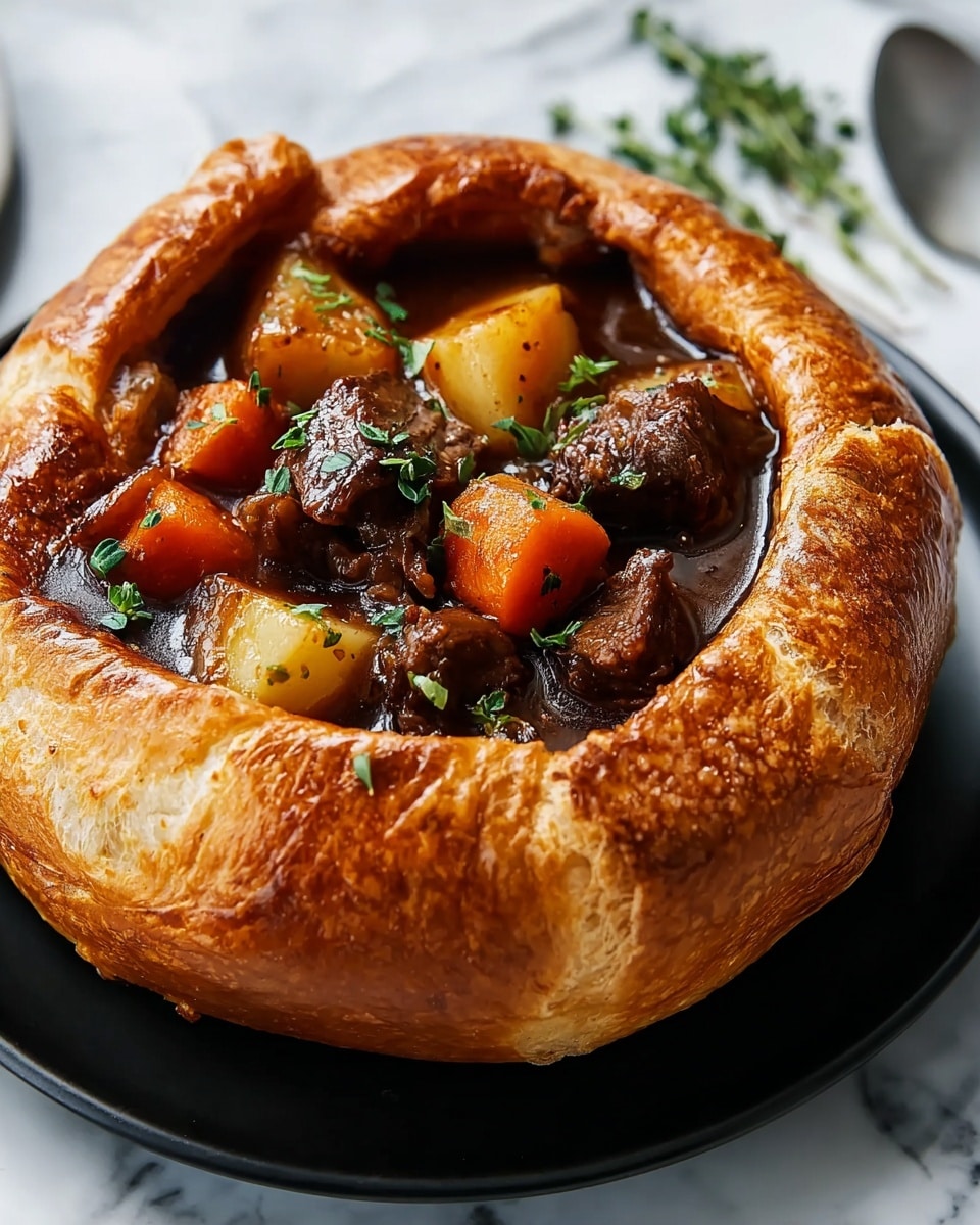 A white bowl shaped like a round bread loaf with a crispy, shiny, golden-brown crust holds a rich beef stew. Inside, there are several chunky layers: dark brown tender beef pieces, soft orange carrot chunks, and pale yellow potato cubes, all coated in a thick, glossy dark brown gravy, sprinkled lightly with small green herb leaves. The bowl sits on a black plate, placed on a white marbled surface with some sprigs of herbs around it. Photo taken with an iphone --ar 4:5 --v 7