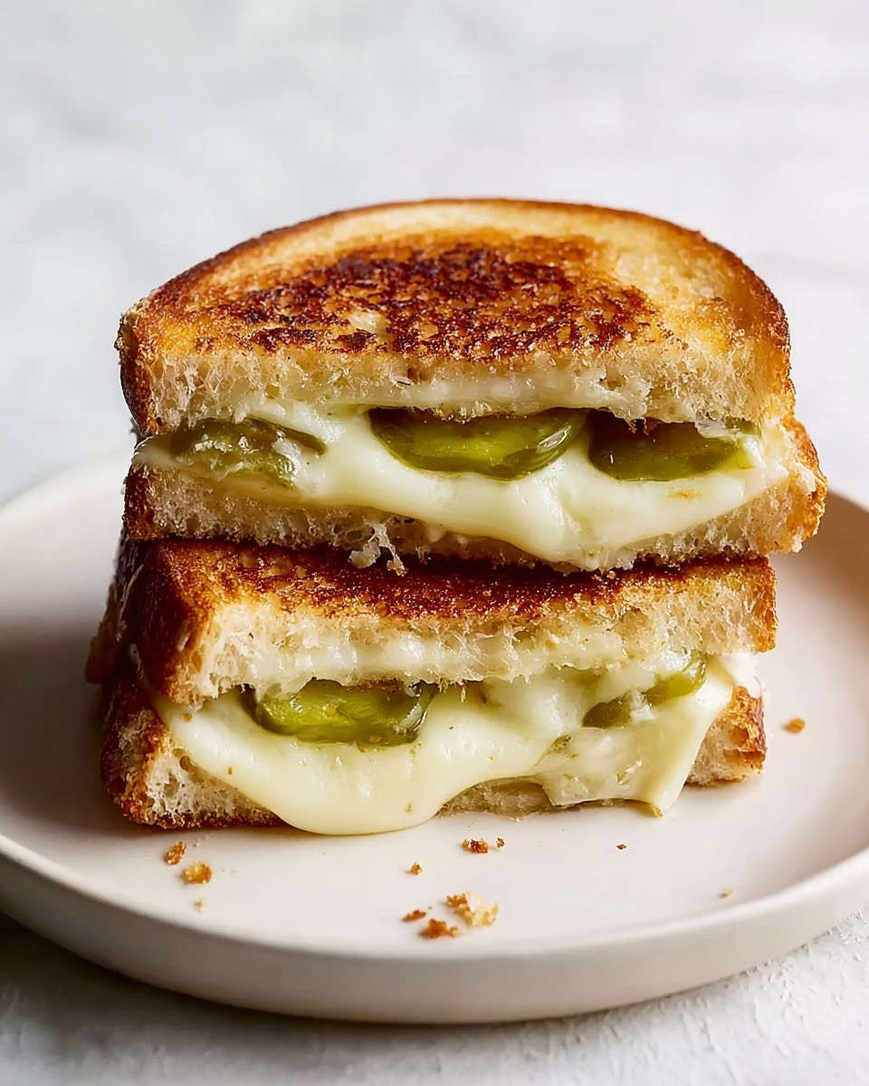 The image shows a close-up of a grilled cheese sandwich cut in half and stacked, placed on a white plate with a few scattered potato chips. The sandwich has two layers of toasted bread that are golden brown with a slightly crispy texture. Inside, there are two layers of melted white cheese with a smooth, creamy texture, and several slices of green pickles visible between the cheese layers. The background is a white marbled texture, keeping the focus on the sandwich. Photo taken with an iphone --ar 4:5 --v 7
