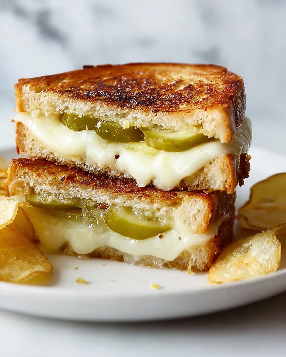 A grilled cheese sandwich cut in half and stacked, showing two layers of lightly toasted golden-brown bread with a slightly crisp texture; between the bread layers is melted white cheese with a smooth, creamy look, along with slices of green pickles that add a fresh, crunchy contrast; the sandwich sits on a simple white plate placed on a white marbled surface, with a few small crumbs around the sandwich edges. photo taken with an iphone --ar 4:5 --v 7