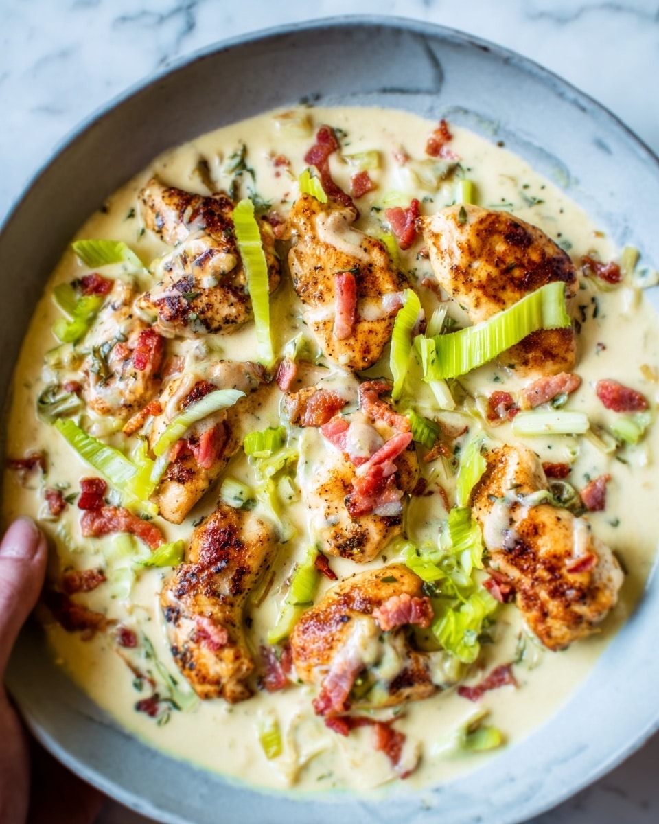 This image shows a creamy dish in a white bowl placed on a white marbled surface. The dish has several chicken pieces cooked with a golden-brown color, arranged over a smooth, white cream sauce that fills the base of the bowl. Bright green slices of celery are scattered on top, adding a fresh contrast. There are also small, pinkish strips of bacon spread across the chicken, bringing out a crispy texture. A woman's hand is gently holding the edge of the bowl. The overall presentation looks rich and inviting, with contrasting textures and colors. photo taken with an iphone --ar 4:5 --v 7