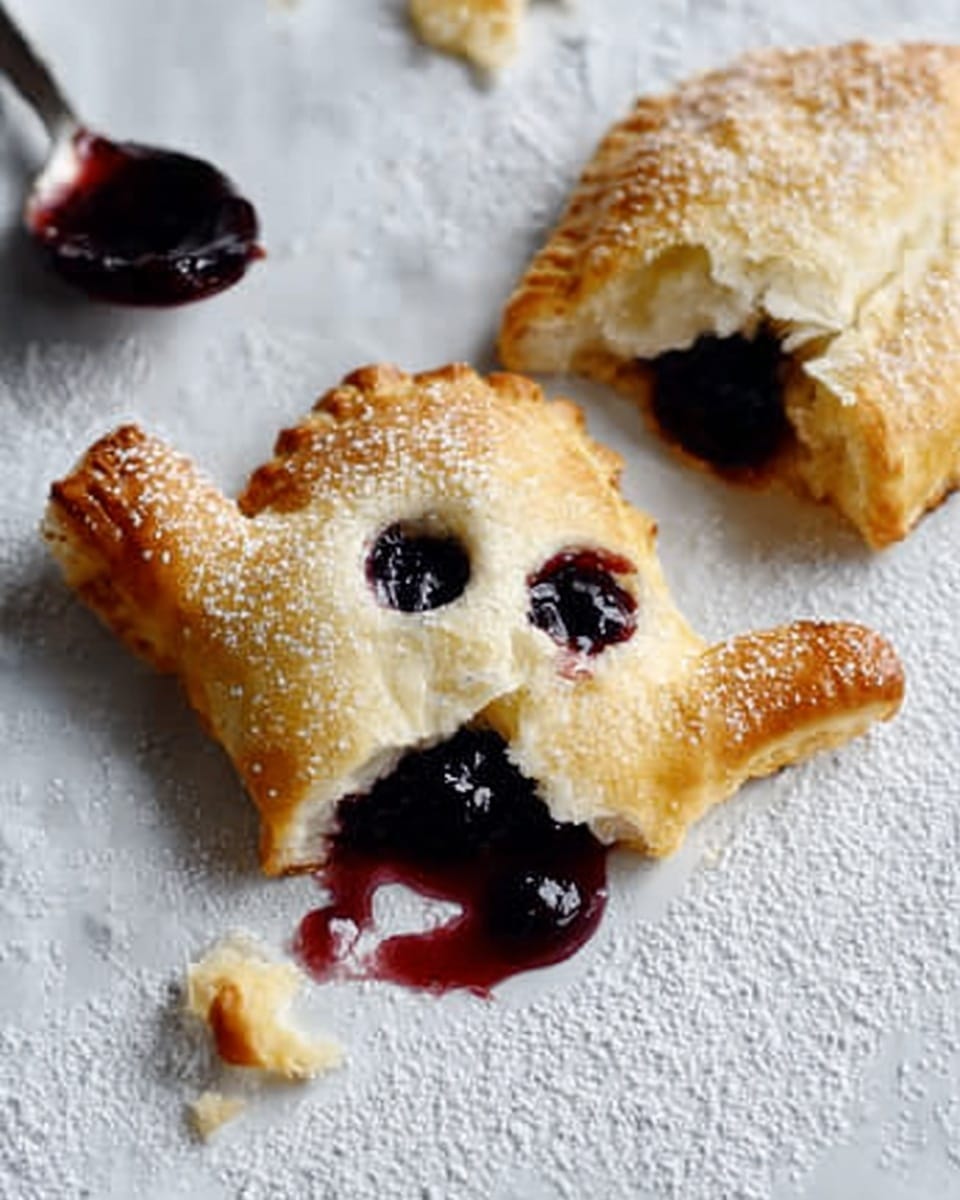 The image shows a small, ghost-shaped pastry with a golden-brown crust and small cut-out eyes filled with dark jam. The pastry is torn open at the bottom, revealing a dark, glossy fruit filling that is slightly oozing out onto a white marbled textured surface dusted with powdered sugar. Next to the ghost pastry, there is a torn piece of another pastry with the same golden crust and visible filling. A dark spoon with jam is partially visible in the upper left corner. Photo taken with an iphone --ar 4:5 --v 7