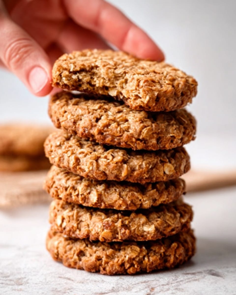 A stack of six round oat cookies with a rough, bumpy texture and a light golden brown color sits on a white marbled surface. A woman's hand is seen gently lifting the top cookie, showing the cookies as thick and hearty. The cookies have visible oats and small nut pieces, giving a rustic, homemade look. The background is softly blurred, keeping the focus on the cookies. Photo taken with an iphone --ar 4:5 --v 7