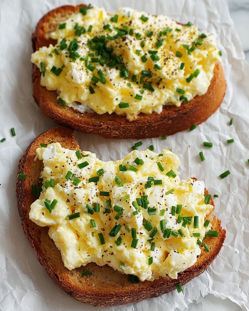 Two pieces of toasted bread with a golden brown crust sit on a crinkled white paper over a white marbled surface. Each toast has a thick, fluffy layer of soft scrambled eggs in pale yellow and white, showing a creamy and slightly lumpy texture. Bright green chopped chives are sprinkled generously on top, adding a fresh contrast, along with a light sprinkling of black pepper. The scene is close-up, capturing the soft texture of the eggs and the crisp edges of the toast. photo taken with an iphone --ar 4:5 --v 7