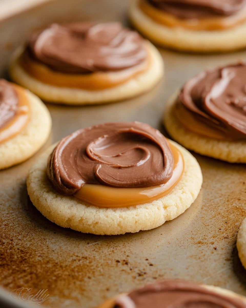 The image shows several round cookies with three visible layers. The bottom layer is a pale yellow soft cookie base with a smooth texture and slight thickness. The middle layer is a shiny caramel glaze, thinly spread and slightly dripping over the cookie edges. The top layer is a swirl of thick, creamy milk chocolate, centered and covering most of the caramel. One cookie in the center has a bite taken out of it, revealing the soft cookie base inside. All cookies are arranged closely on a light white marbled surface. photo taken with an iphone --ar 4:5 --v 7
