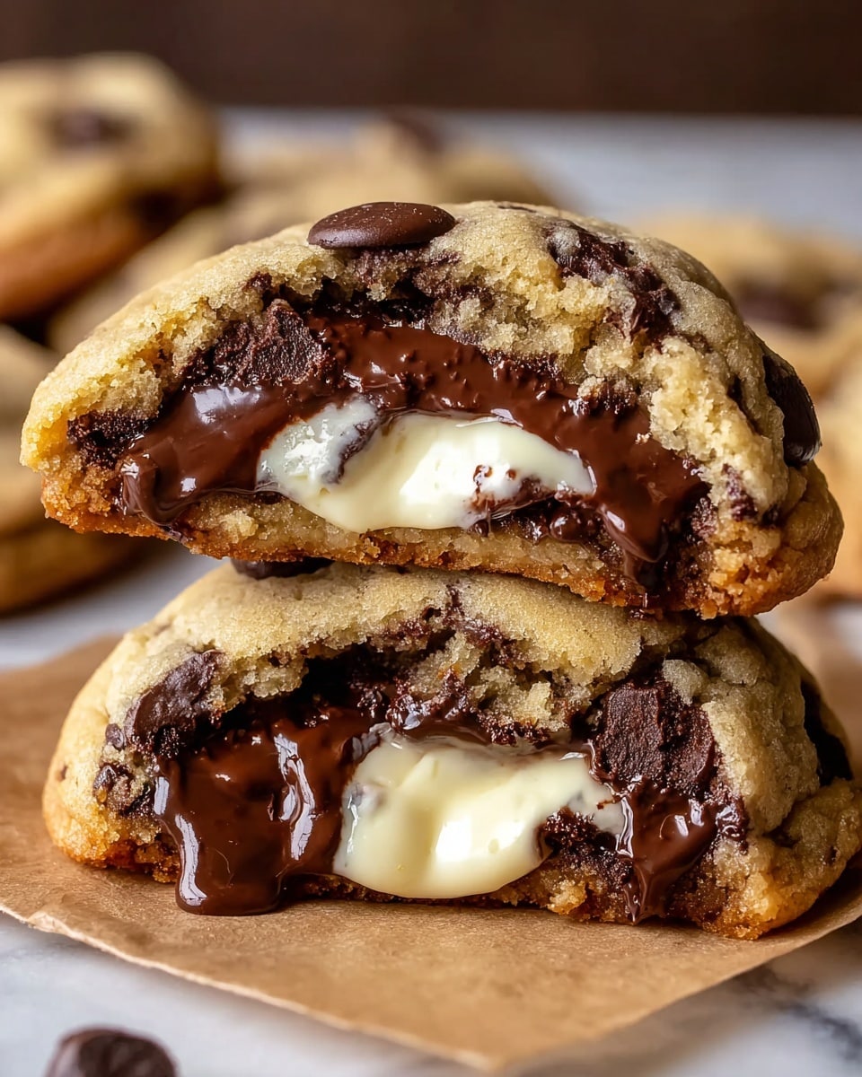 A close-up view of two stacked chocolate chip cookies on brown parchment paper, placed on a white marbled surface. The top cookie is broken in half and balanced over the bottom one, revealing three main layers: the golden brown soft cookie with chocolate chips on the outside, a thick middle layer of smooth, melted dark chocolate, and a creamy, white gooey layer at the very center. The rich melted chocolate slightly drips down, showing a warm and gooey texture. Photo taken with an iphone --ar 4:5 --v 7