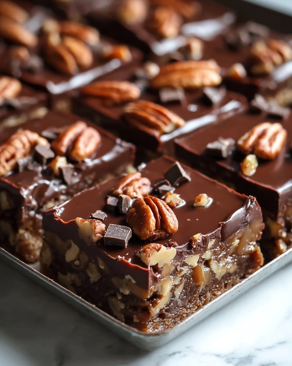 The image shows several square chocolate dessert bars in a tray, each bar has a thick, glossy dark chocolate layer on top sprinkled with pecan halves and small chunks of dark chocolate. Beneath the chocolate topping, there is a dense layer filled with visible pecans embedded in a rich, brown base that looks chewy and caramel-like. The tray is metallic and the background is a white marbled texture. The bars are closely packed together and appear moist and rich in texture. Photo taken with an iphone --ar 4:5 --v 7