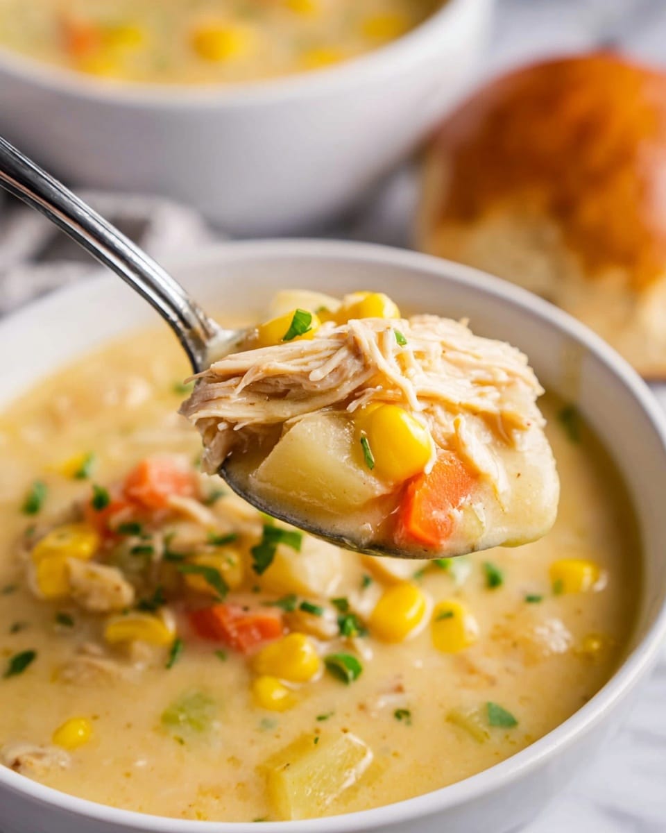 A close-up spoonful of creamy chicken corn chowder is lifted above a white bowl filled with more of the soup, which has a thick, light yellow broth with visible pieces of shredded chicken, bright yellow corn kernels, small orange carrot cubes, and soft potato chunks with skin on. The spoon shows layers of smooth cream soup covering tender shredded chicken, vibrant corn, and vegetables. In the blurred background, another white bowl of chowder and a round bread roll sit on a white marbled surface. Photo taken with an iphone --ar 4:5 --v 7