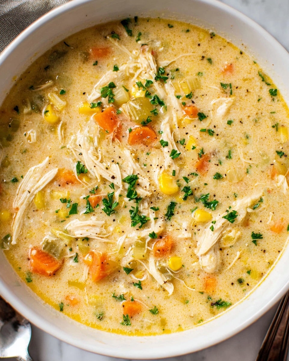 A close-up of a creamy chicken soup in a white bowl, showing shredded white chicken pieces spread throughout the thick light yellow broth. Bright yellow corn kernels and small orange carrot slices are scattered inside, with bits of green herbs and vegetables mixed in. The soup’s surface is slightly glossy, with a sprinkling of fresh green parsley on top. The bowl sits on a white marbled surface with part of a woman's hand and a silver spoon visible on the right side. photo taken with an iphone --ar 4:5 --v 7