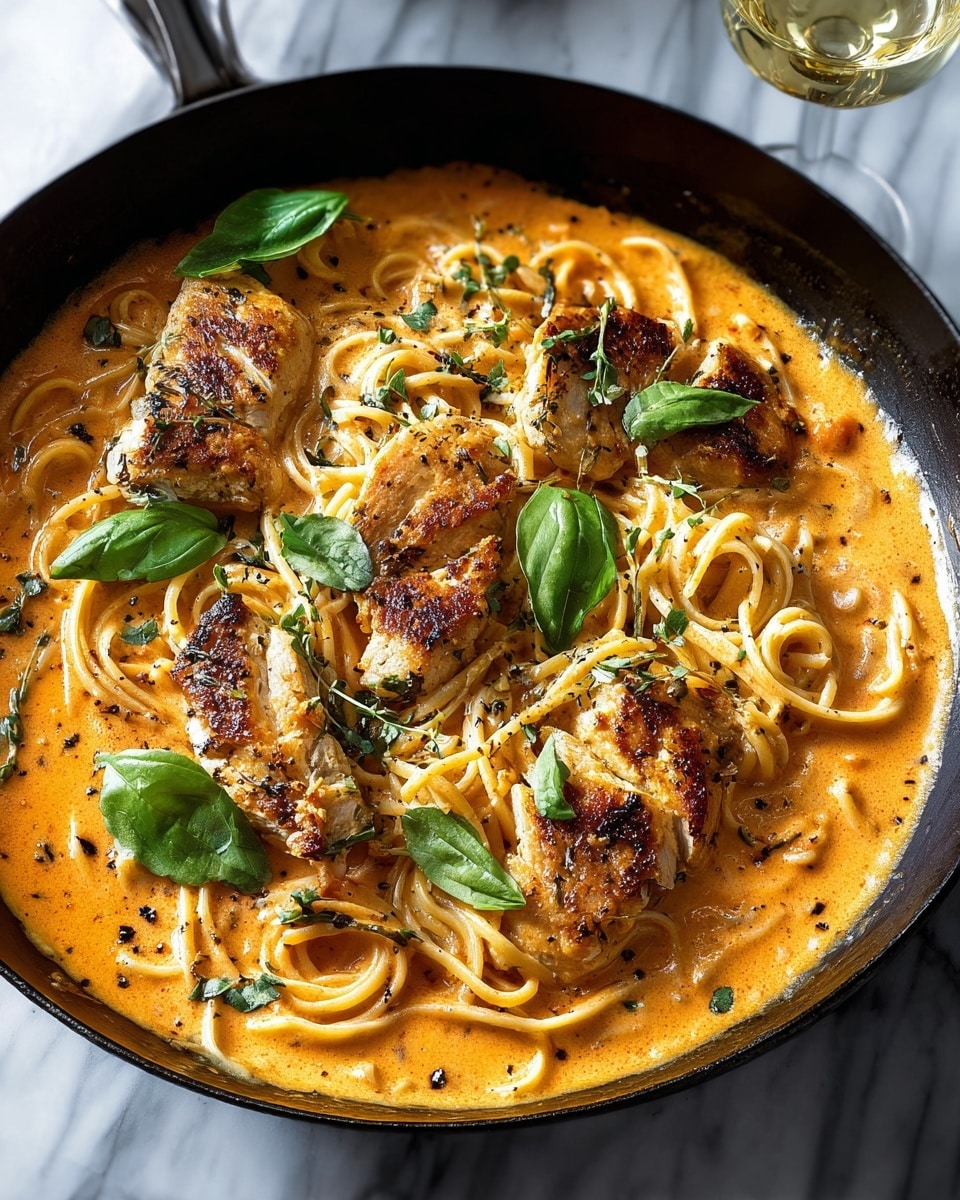 A black cast iron pan filled with a creamy orange-colored sauce covering spaghetti noodles arranged at the bottom layer, with several golden-brown seared chicken pieces placed on top, slightly submerged in the sauce. Fresh green basil leaves are scattered across the dish, adding contrast and freshness. The sauce has a smooth texture with visible specks of black pepper and herbs. A glass of white wine is blurred in the background, and the whole scene is set on a white marbled surface. photo taken with an iphone --ar 4:5 --v 7