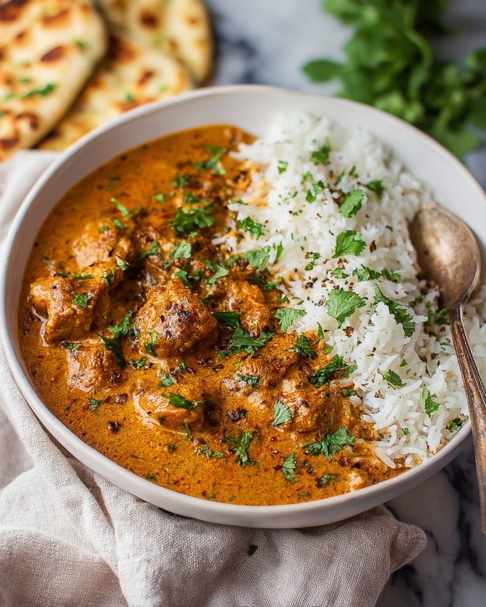 A round white bowl holds two main layers: one side shows fluffy white rice sprinkled lightly with chopped green herbs, while the other side has rich, orange-brown curry with tender chunks of meat. The curry is thick and creamy, covered with fresh green cilantro leaves and small dark spice flakes. A silver spoon sticks into the curry side of the bowl. The bowl sits on a light-colored cloth on top of a white marbled surface, with a piece of flatbread slightly blurred in the background. photo taken with an iphone --ar 4:5 --v 7
