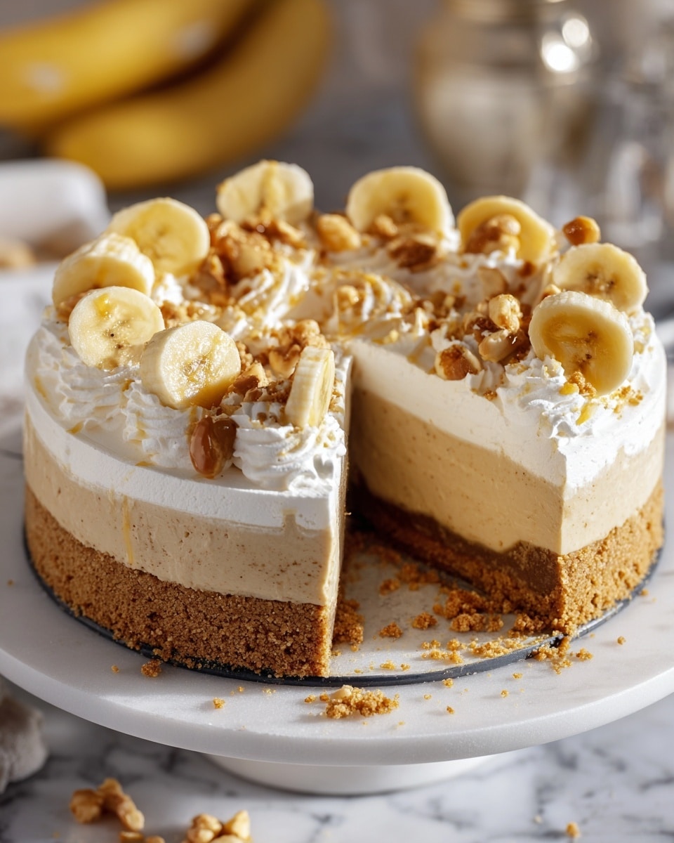 A three-layered banana cream pie on a white plate with a slice missing, showing its smooth, creamy yellow middle layer and thick crumbly brown base. The top creamy white layer is decorated with swirls of whipped cream, topped with banana slices, small bits of crunchy crumbs, and round caramel pieces. The edges of the pie are slightly rough with crumbs falling on the plate, all set on a white marbled surface. Photo taken with an iphone --ar 4:5 --v 7