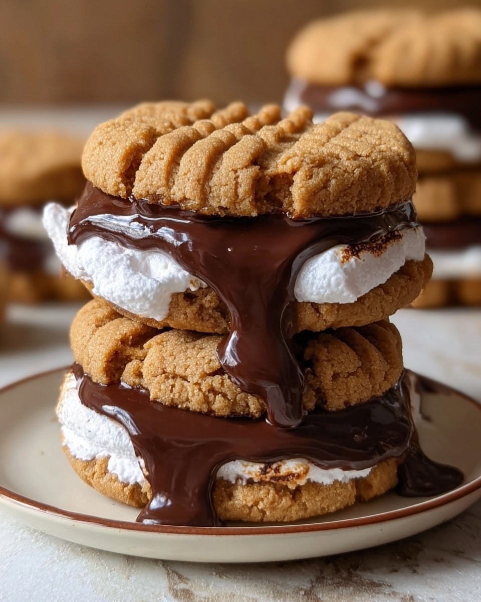The image shows two stacked treats made with three layers each: the top and bottom layers are golden brown peanut butter cookies with a rough texture and crisscross fork marks, and the middle layers include a white, fluffy marshmallow layer sitting above a thick, glossy dark chocolate layer that is melting and dripping slightly from the sides. These stacked cookies rest on a white plate with a subtle brown rim, and the background has a white marbled texture. Photo taken with an iphone --ar 4:5 --v 7