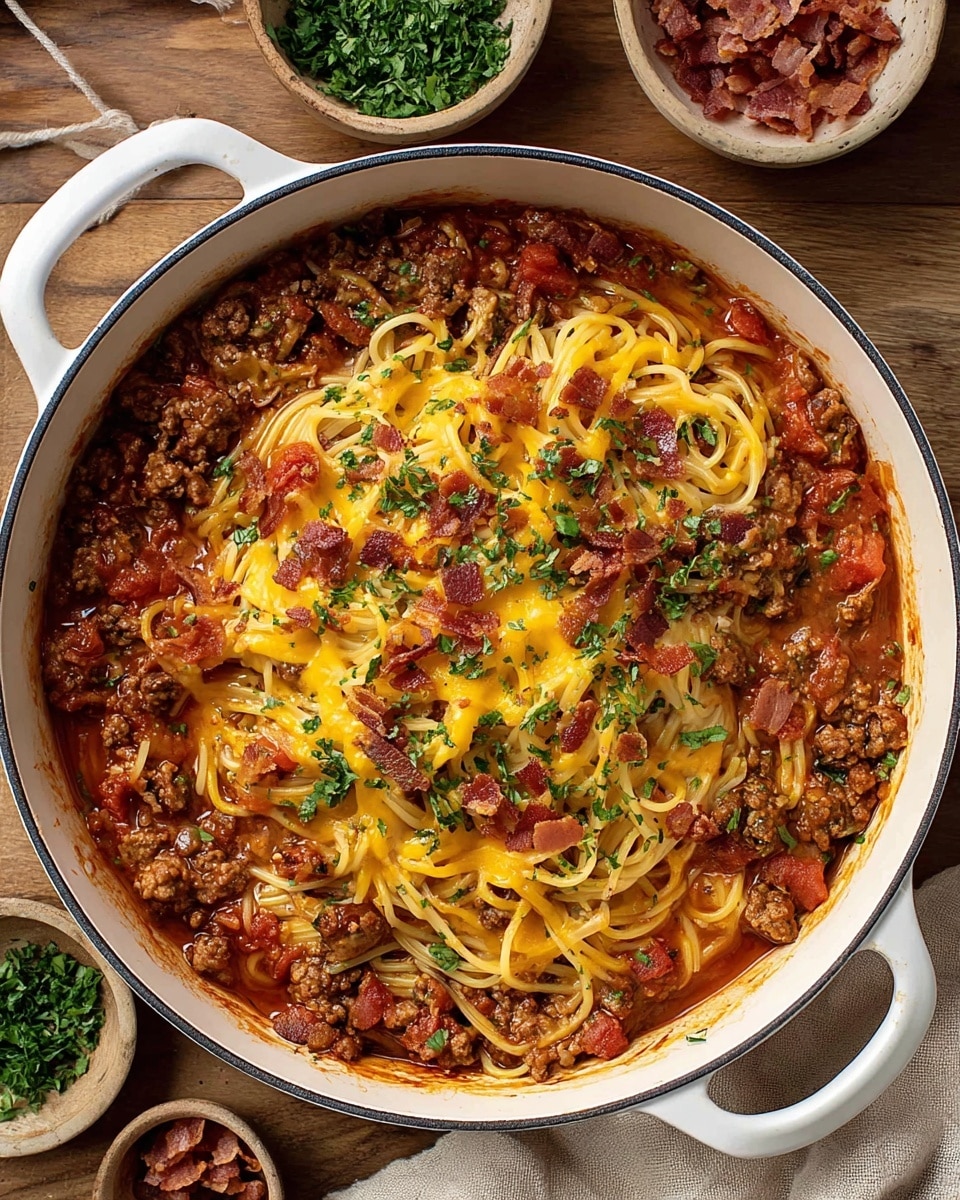 A large white pot filled with a layered dish, starting with a base of rich red tomato sauce mixed with chunks of browned ground meat and slices of sausage. Over this, there is a layer of cooked spaghetti noodles, partially covered by the sauce. The dish is topped with a generous layer of melted bright yellow cheese sprinkled evenly with small pieces of crispy brown bacon and chopped green herbs, creating a colorful contrast. The pot sits on a wooden surface with small bowls of extra bacon and green herbs nearby, with a beige cloth partially visible at the side. photo taken with an iphone --ar 4:5 --v 7