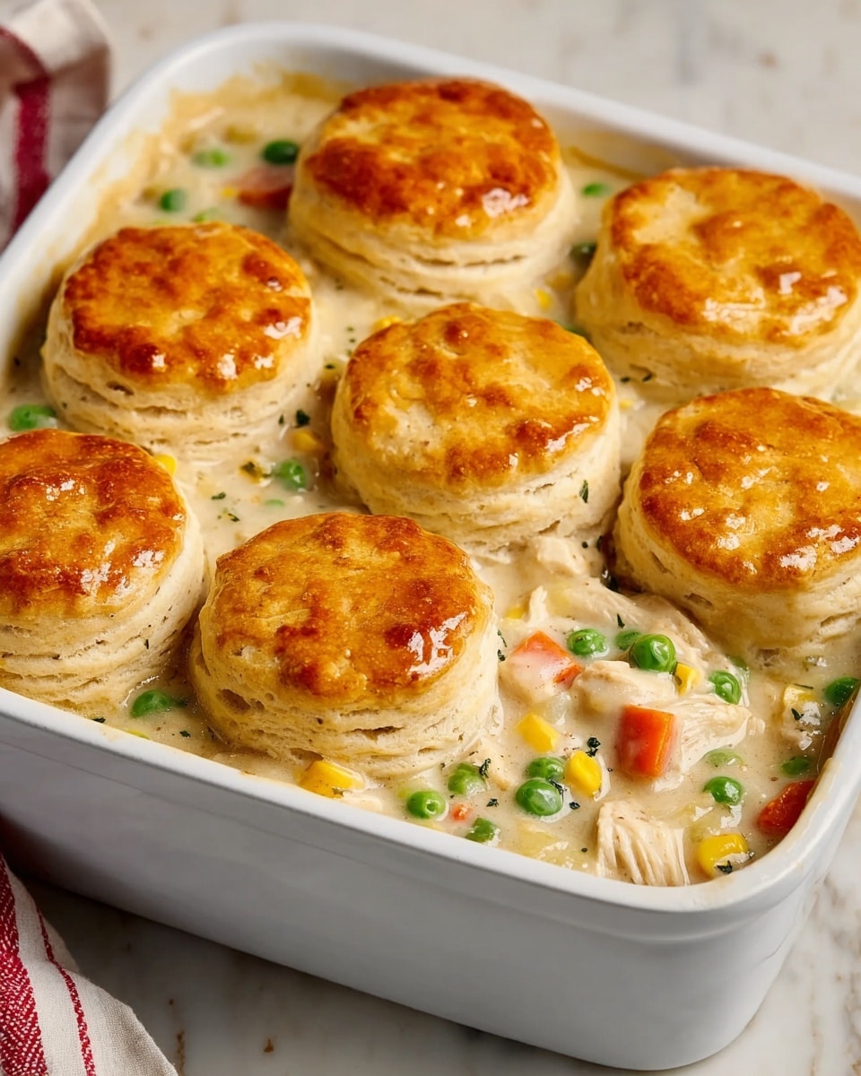The dish is a white rectangular baking dish filled with a creamy chicken pot pie filling and topped with six golden-brown biscuit layers. The bottom layer consists of thick, light beige creamy sauce mixed with chunks of white chicken, bright green peas, small orange carrot pieces, and some yellow corn, creating a colorful vegetable mix. On top, there are six round biscuits arranged in two rows of three, each biscuit having a golden, shiny, flaky crust with light brown and slightly crispy edges. The surface beneath the dish is a white marbled texture, and there is a red and white striped cloth napkin visible on the side. Photo taken with an iphone --ar 4:5 --v 7