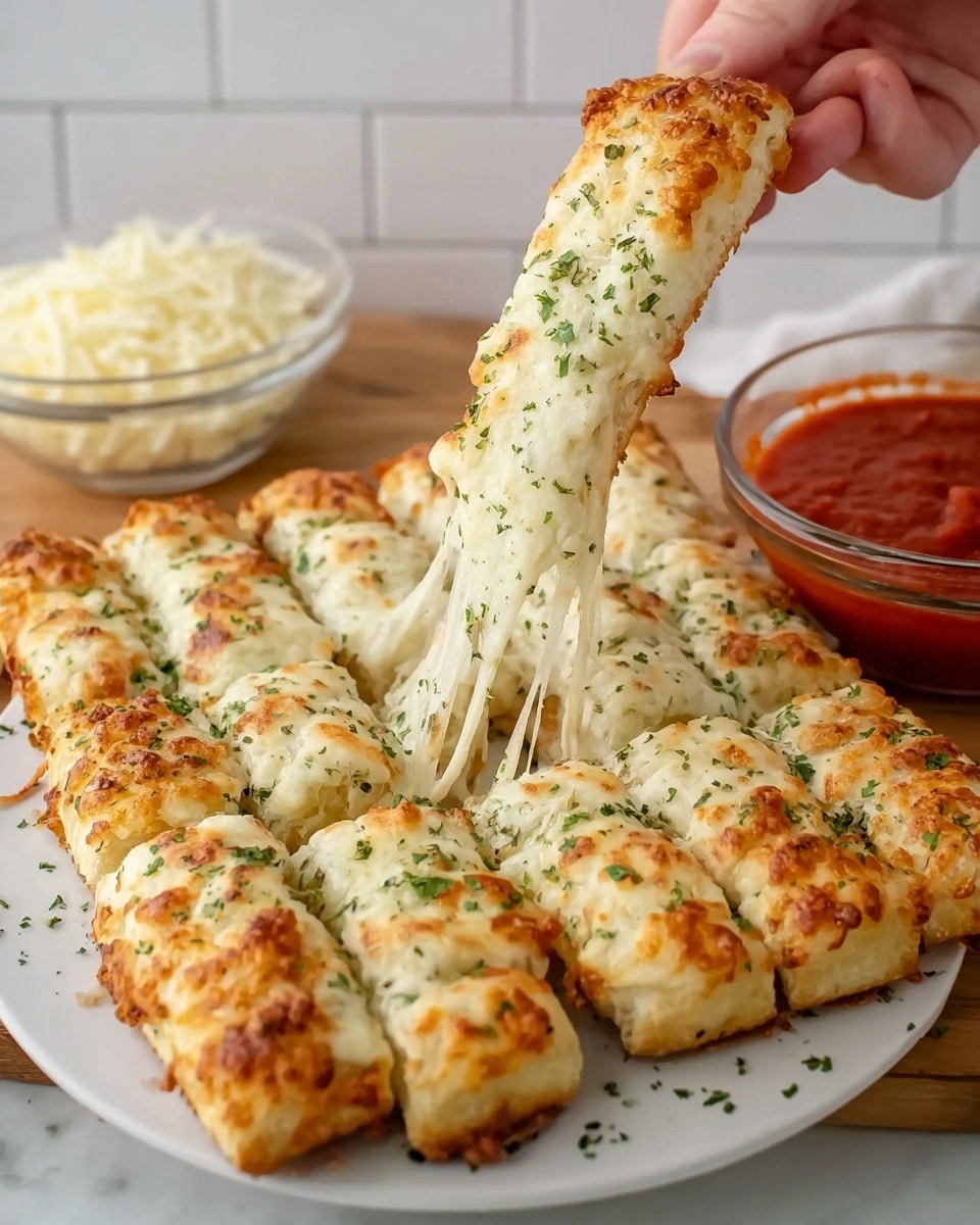 A wooden board holds a batch of cheesy bread cut into sixteen small square pieces, each topped with a golden-brown melted cheese layer sprinkled with green herbs. A woman's hand is lifting one piece, showing stretchy, gooey cheese inside. Behind the board, two clear glass bowls are filled with shredded cheese and red marinara sauce. The scene is set on a white marbled surface with a green and white striped cloth on the side. photo taken with an iphone --ar 4:5 --v 7