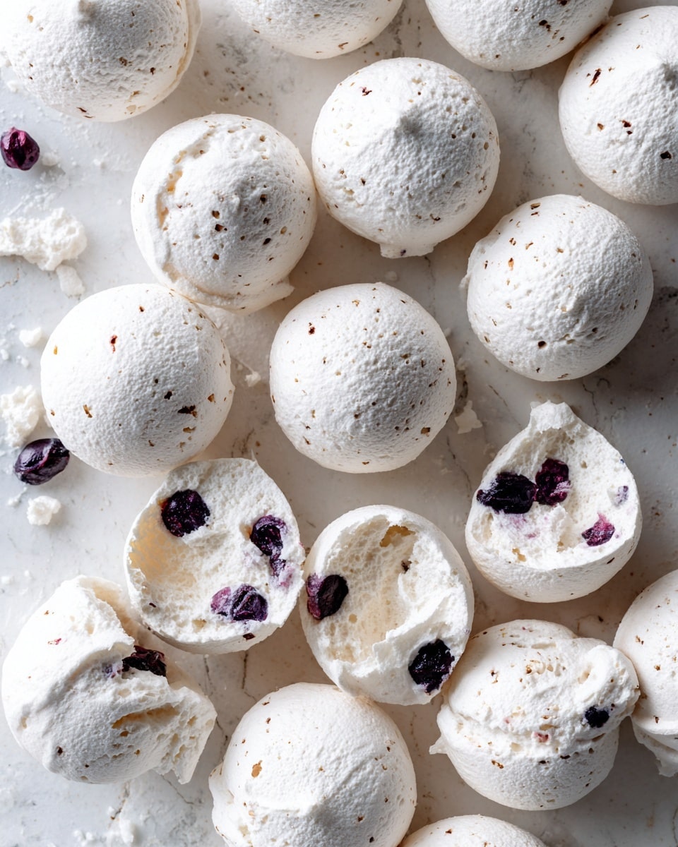 The image shows many small, round, white meringue pieces scattered on a white marbled textured surface. Each meringue is slightly rough and cloudy white, with small dark spots inside indicating blueberries or other dark fruit pieces baked into them. Some meringues are whole and round, while others are broken in half, revealing their airy, hollow inside with visible fruit pieces. The soft light makes the texture of the meringues and the marbled surface clear and bright. photo taken with an iphone --ar 4:5 --v 7