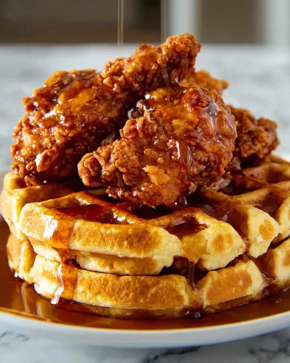 A close-up of a stack showing two golden brown waffle layers on the bottom with a slightly crispy texture and honey syrup drizzled slowly down the sides. On top of the waffles, there are two large pieces of crispy fried chicken with a crunchy, light brown crust, covered with a shiny, thick amber syrup dripping down. The dish is placed on a white plate, all set against a white marbled textured background. photo taken with an iphone --ar 4:5 --v 7