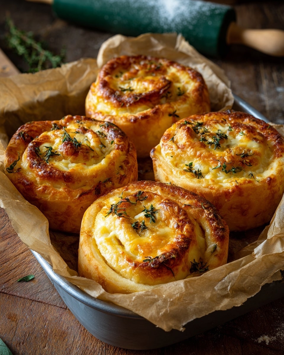Four baked cheese rolls are shown in a metal baking pan lined with brown parchment paper. Each roll has multiple soft layers of golden-yellow dough with melted, slightly browned cheese on top. The cheese's texture is gooey and bubbly with crispy spots. Green herbs are sprinkled over each roll, adding a fresh contrast. The pan sits on a wooden surface, and in the background, there is a green rolling pin dusted with flour and some leaves. The lighting highlights the warm, inviting colors of the rolls. Photo taken with an iphone --ar 4:5 --v 7