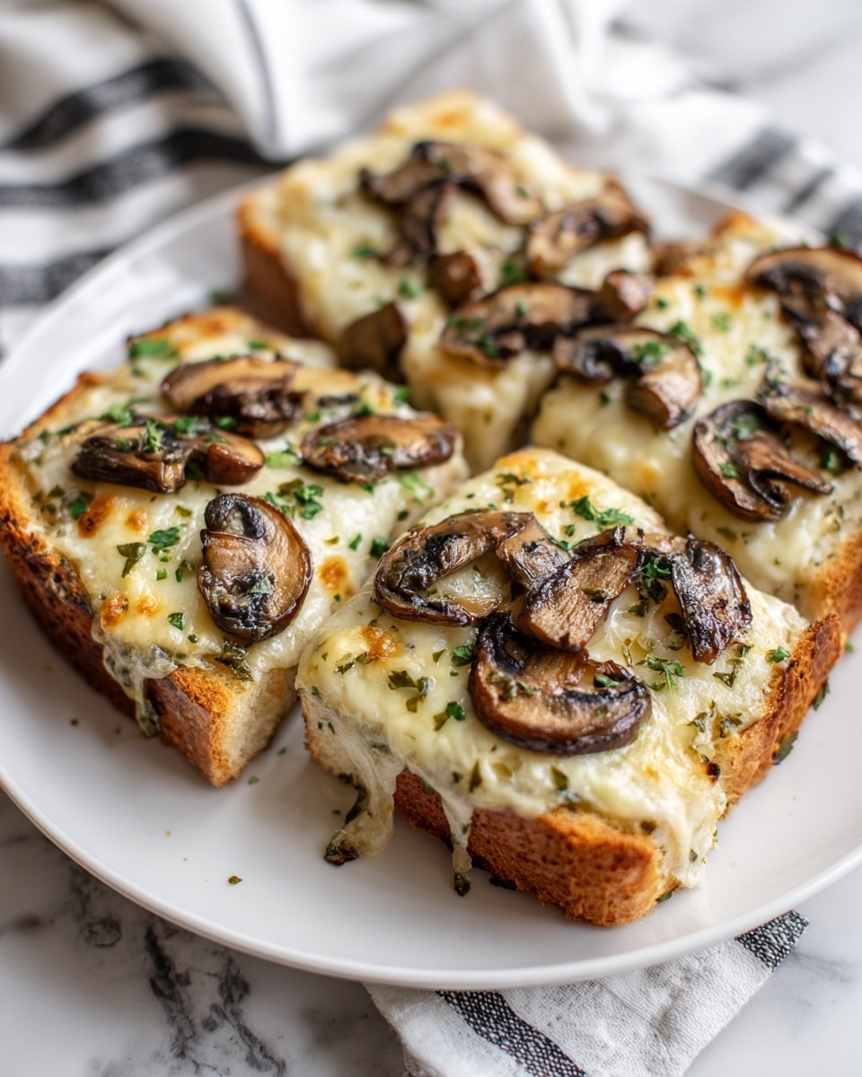 The image shows a white plate holding three slices of toasted bread topped with melted cheese and browned mushroom slices. Each slice has a base of golden-brown crispy bread, covered evenly with a layer of creamy, bubbly melted cheese that is light yellow with some golden spots. On top of the cheese are several pieces of sautéed mushrooms, which are brown with a slight sheen and darker edges, scattered to cover most of the cheese layer. Small green flecks of chopped herbs are sprinkled over the mushrooms and cheese. The plate is placed on a surface with a white marbled texture, and nearby is a white cloth with black stripes. Photo taken with an iphone --ar 4:5 --v 7