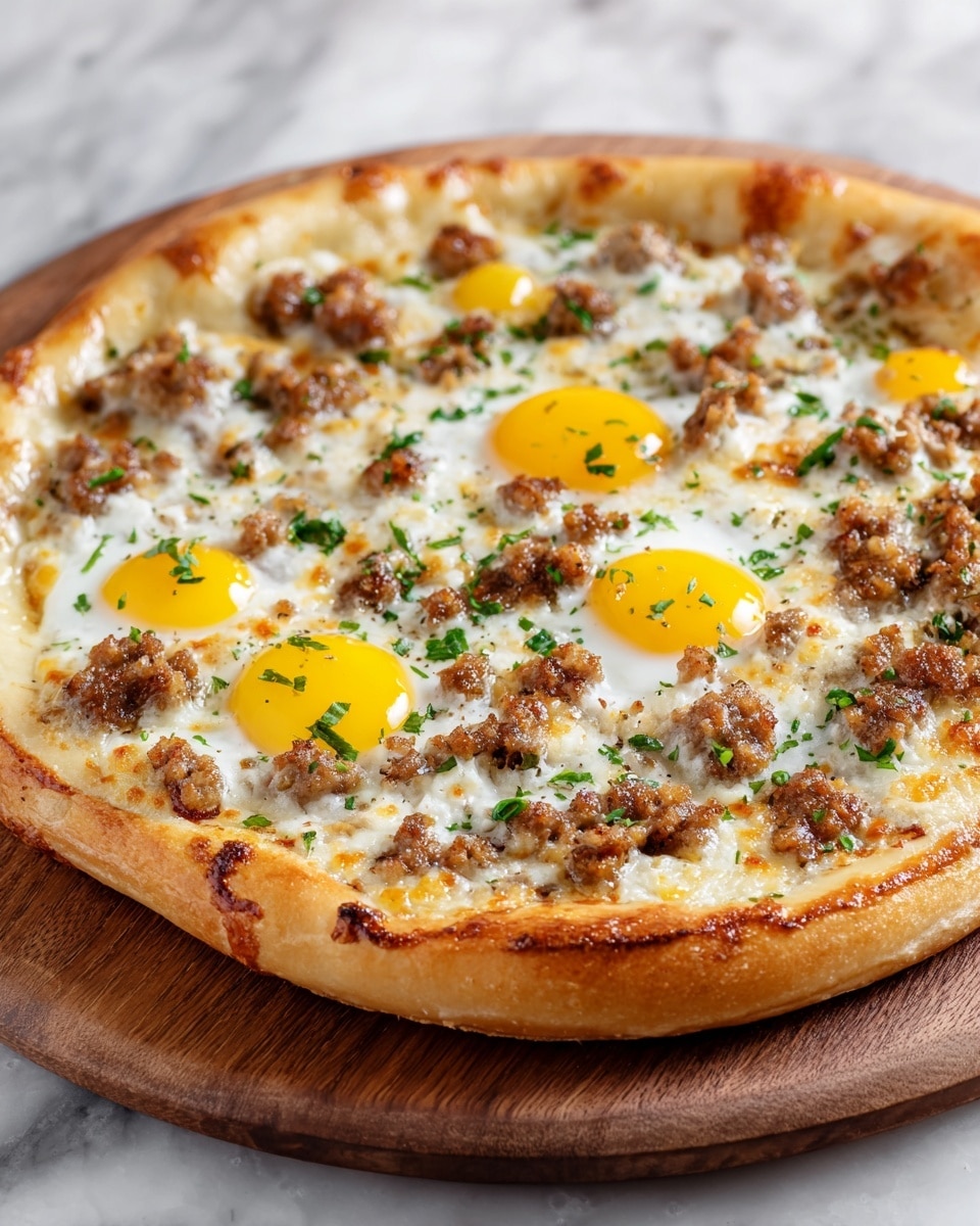 A close-up view of a pizza with three main layers: the bottom layer is a light golden-brown crust, slightly thick and soft-looking; the middle layer is melted white cheese evenly spread, creating a smooth, creamy texture; the top layer includes scattered browned ground meat pieces, bright yellow small round yolks, and bits of chopped green herbs sprinkled across. The pizza rests directly on a round wooden board, with a white marbled texture in the background. photo taken with an iphone --ar 4:5 --v 7