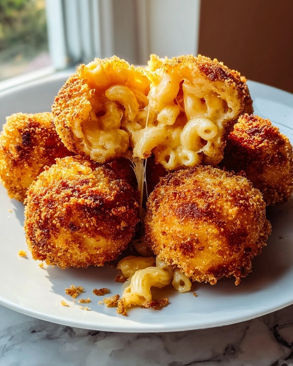 A white plate holds six golden brown, round croquettes with a crispy and crunchy texture on the outside. One croquette is broken open in the middle, revealing creamy, yellow macaroni and melted cheese strands that stretch out, showing the gooey inside. The macaroni pieces have a smooth and soft look, contrasting with the rough, fried outer coating. The plate is set on a white marbled surface near a window with soft natural light highlighting the warm colors of the dish. photo taken with an iphone --ar 4:5 --v 7