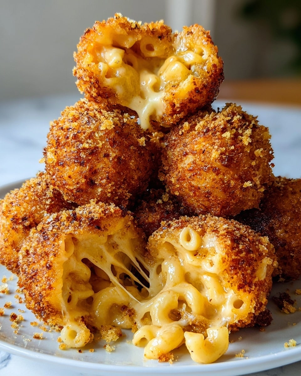 The image shows a close-up of several golden-brown fried mac and cheese balls stacked on a white plate, placed on a white marbled surface. Each ball has a crunchy, textured outer crust with visible crispy bits and seasoning. Two of the balls are cut in half, revealing creamy macaroni with small pasta tubes inside, mixed with melted, gooey cheese stretching out slightly. Some macaroni pieces and gooey cheese have fallen out onto the plate, adding to the appetizing look. The background is softly blurred. Photo taken with an iphone --ar 4:5 --v 7