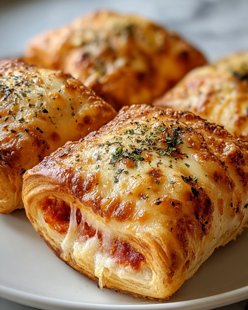 The image shows three golden-brown baked pastries on a white plate placed on a white marbled surface. Each pastry has a shiny, melted cheese top layer sprinkled with dried herbs and black pepper. The outer crust of the pastries is light brown with a slightly crispy texture, folded to contain a visible middle layer of red tomato sauce mixed with melted cheese, giving a gooey and rich look inside. The pastries are positioned close to each other, with the front one in sharp focus and the others softly blurred in the background, creating a warm and fresh baked feeling. Photo taken with an iphone --ar 4:5 --v 7