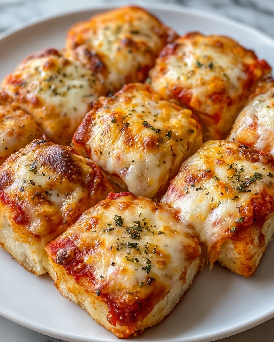 The image shows a white square plate filled with nine golden-brown pizza rolls arranged in three rows of three. Each pizza roll has a soft, fluffy dough base wrapped around melted cheese and bright red tomato sauce inside. The top layer is covered with bubbly, melted mozzarella cheese that has browned slightly in spots, creating a crispy texture. Small green herb flakes and black pepper are sprinkled evenly on top of each roll, adding color and texture contrast. The plate sits on a white marbled surface, and the whole scene is brightly lit with warm tones. photo taken with an iphone --ar 4:5 --v 7