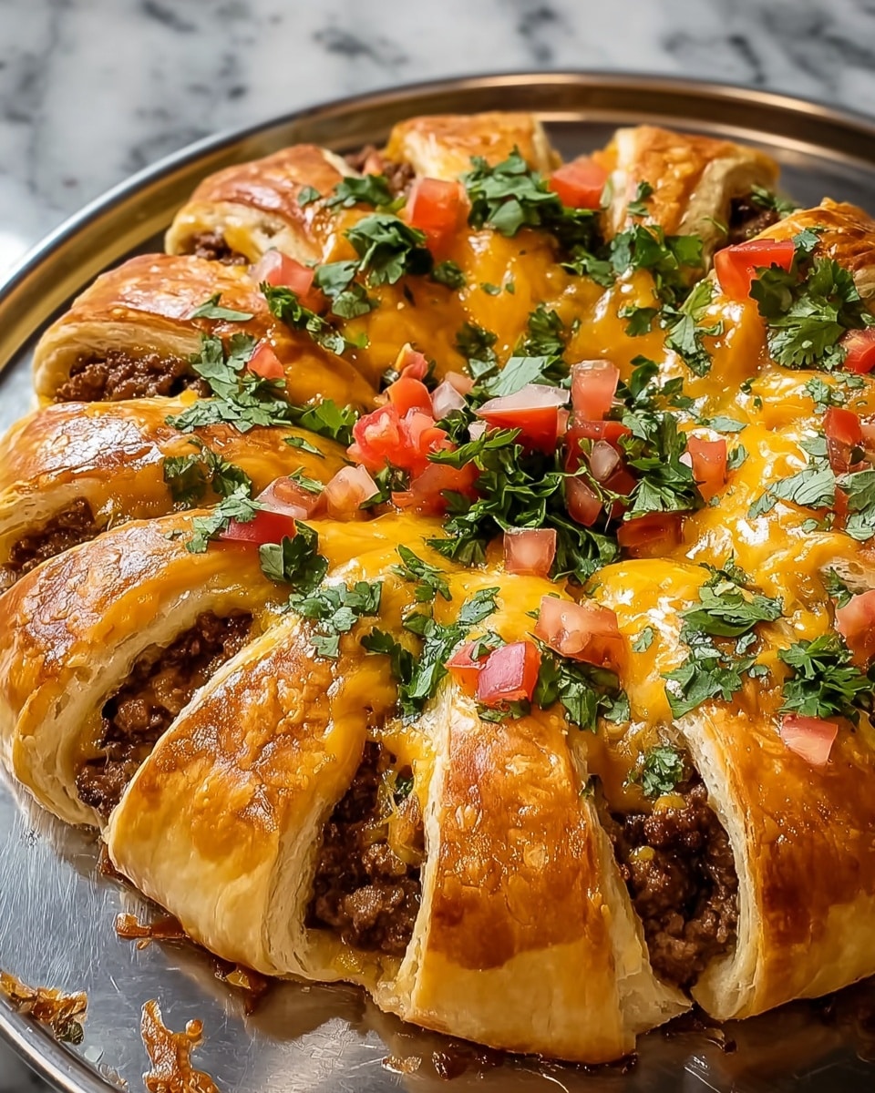 The dish is a round pastry ring with about ten sections of golden, flaky crust folded over a filling of cooked ground meat. The meat is dark brown and slightly crumbly, filling each section fully. On top, melted cheddar cheese spreads across the sections in a bright orange layer, mingling with small pieces of diced red tomatoes and green chopped cilantro scattered evenly over the cheese. The pastry has a shiny, crisp texture with light layers visible on the folds. The whole ring rests on a flat silver baking sheet placed on a white marbled surface. Photo taken with an iphone --ar 4:5 --v 7