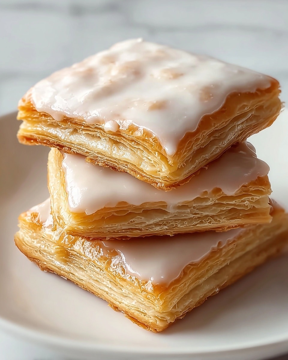Three square pastry layers are stacked on a white plate with a white marbled texture background. Each pastry has a golden, flaky base with visible crisp edges and is topped with a thick, smooth layer of light white icing that looks glossy and slightly uneven. The layers show the puff pastry's delicate texture and the icing covers the entire top surface of each piece, reflecting soft light. The stack leans slightly to one side, showing depth in the layers. photo taken with an iphone --ar 4:5 --v 7