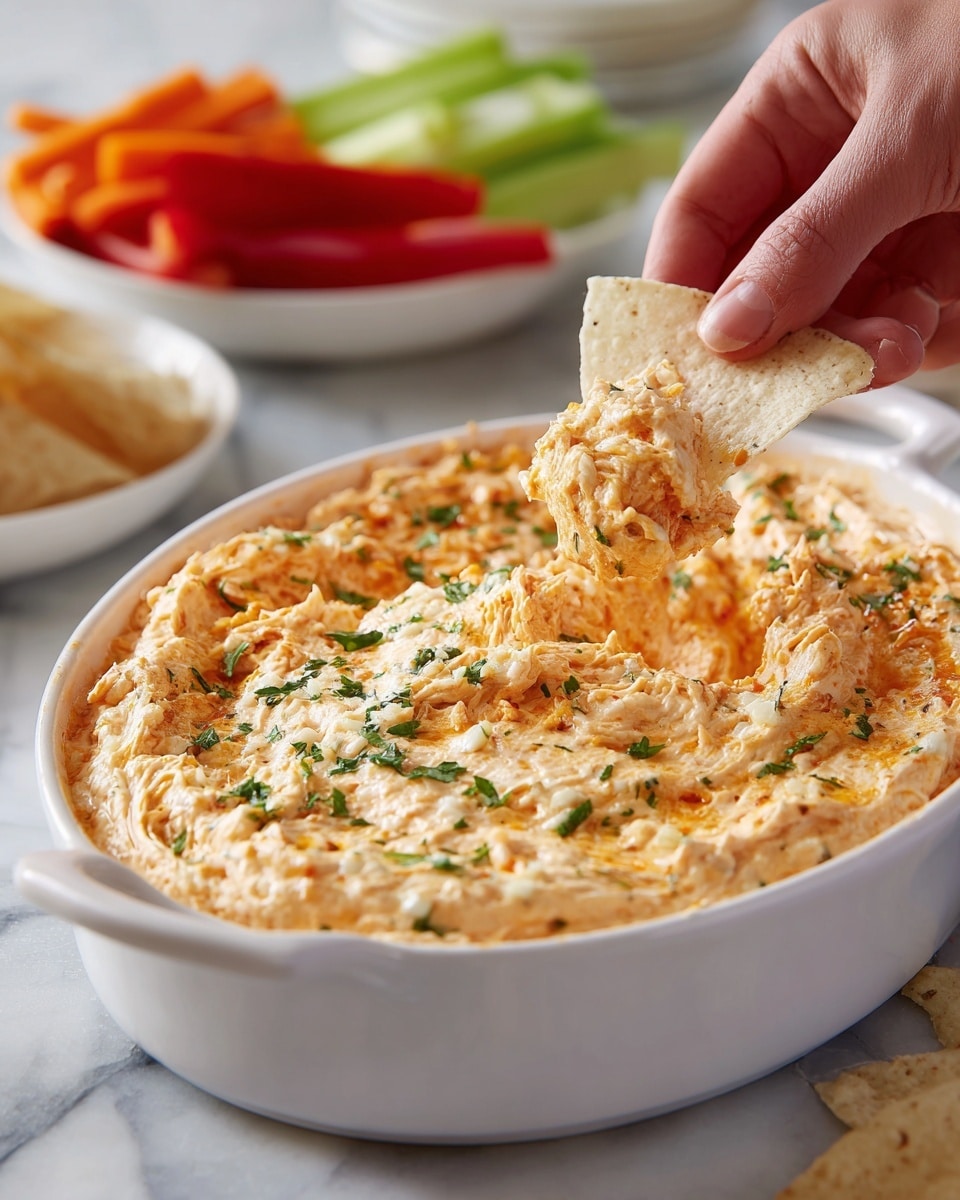 A white oval dish filled with a thick, creamy dip that is light orange in color, showing a slightly rough texture with small shredded bits throughout. The top layer is smooth with some small green herb sprinkles scattered over it. A woman's hand is dipping a light beige chip into the dip, lifting a scoop of it, which shows the creamy, chunky mix clearly. The background includes blurred white bowls with colorful vegetables on a white marbled surface. photo taken with an iphone --ar 4:5 --v 7
