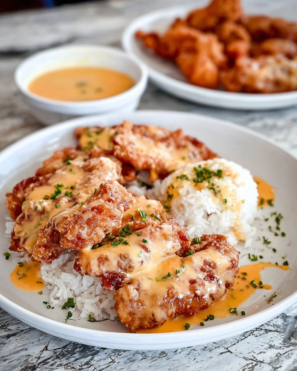 A white round plate holds a serving of white steamed rice as the base layer, topped with several pieces of golden brown fried chicken coated in a creamy light orange sauce. The sauce drips slightly over the crispy chicken, which is garnished with small pieces of chopped green herbs. In the background, there is another white round plate with more fried chicken and a white small bowl filled with the same creamy sauce. The scene is set on a white marbled textured table. photo taken with an iphone --ar 4:5 --v 7