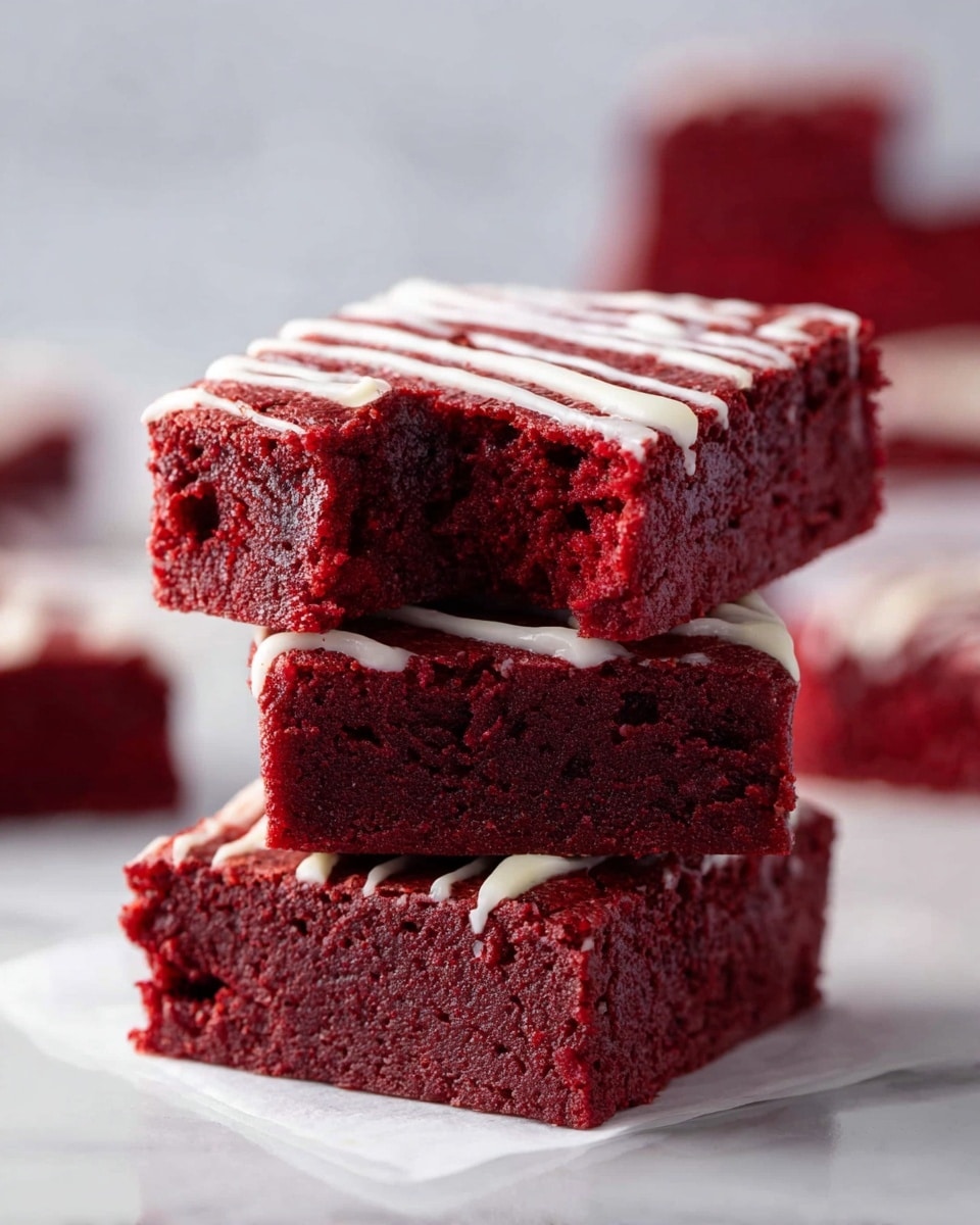 A stack of three square red velvet brownies is shown on a white marbled surface with a white parchment paper beneath them. The bottom two brownies are thick, with a moist texture and deep red color with tiny dark spots inside. The top brownie has a bite taken out from the right side, revealing a soft and crumbly interior. The top surface of the brownies has thin white icing drizzled across in a zigzag pattern. In the blurred background, more red velvet brownies can be seen. Photo taken with an iphone --ar 4:5 --v 7
