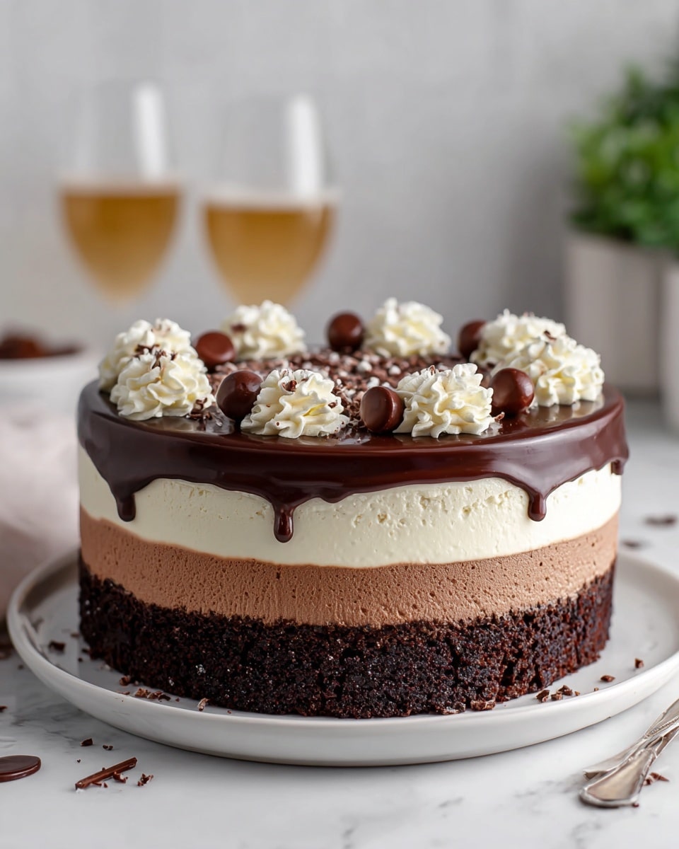A round layered cake sits on a white plate against a white marbled surface. The cake has four distinct layers from bottom to top: a dark rich chocolate cake base, a thick creamy milk chocolate mousse layer, a thick white cream layer, and another dark chocolate cake layer. The top is covered with glossy dark chocolate ganache that drips slightly over the edges. On top of the ganache are small white whipped cream swirls and scattered pieces of round chocolate candies and shavings. The background shows two blurred glasses filled with a light golden beverage and a few out-of-focus green plants. Photo taken with an iphone --ar 4:5 --v 7