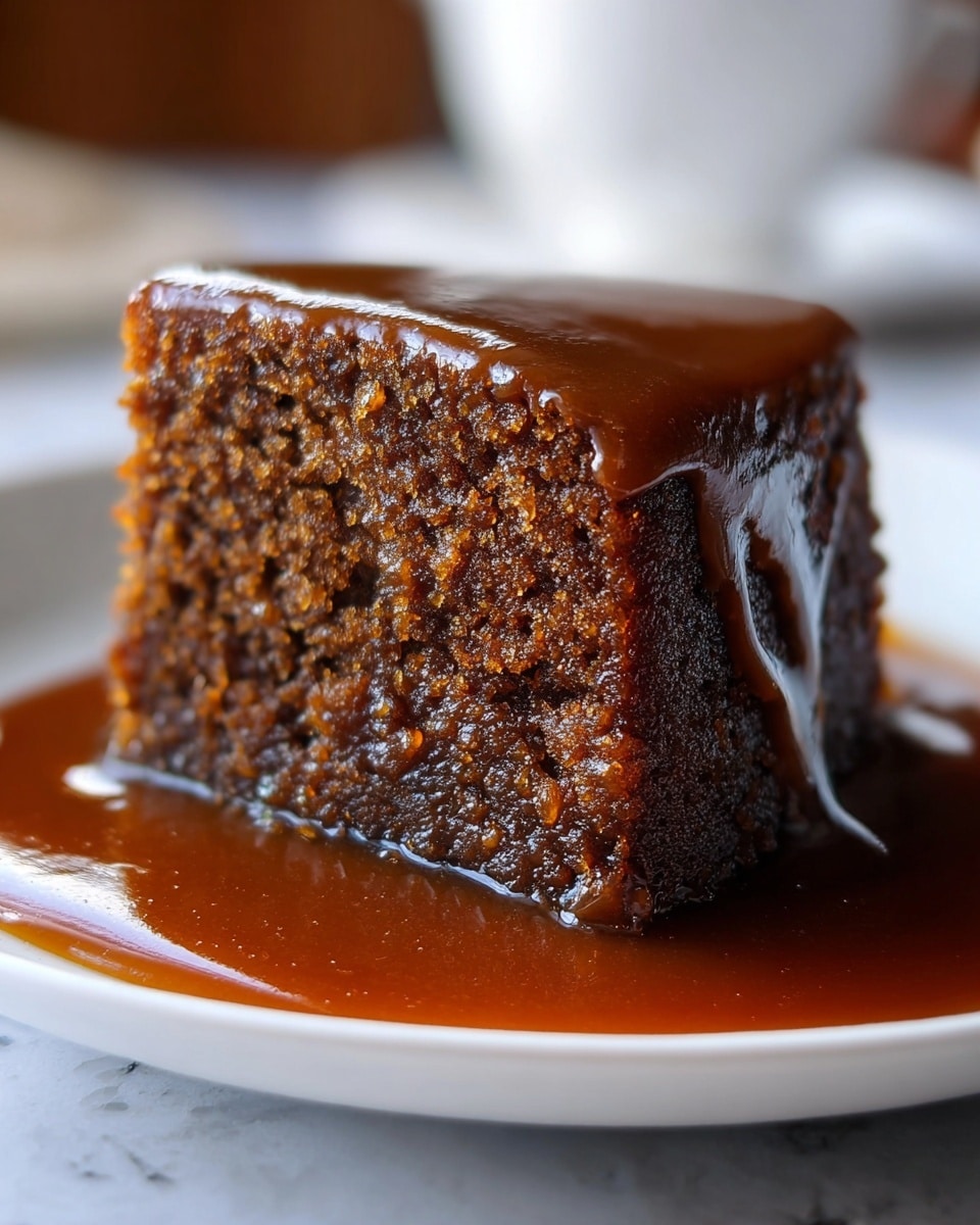 A single thick slice of sticky dark brown cake with a coarse, moist texture sits on a white plate. It is covered by a thick, glossy caramel sauce that drips slowly down the sides and pools around the base of the cake, creating a rich amber shine. The cake looks soft and dense with a slightly uneven crumb. The background shows a soft focus with warm light, and the surface beneath the plate is a white marbled texture. photo taken with an iphone --ar 4:5 --v 7
