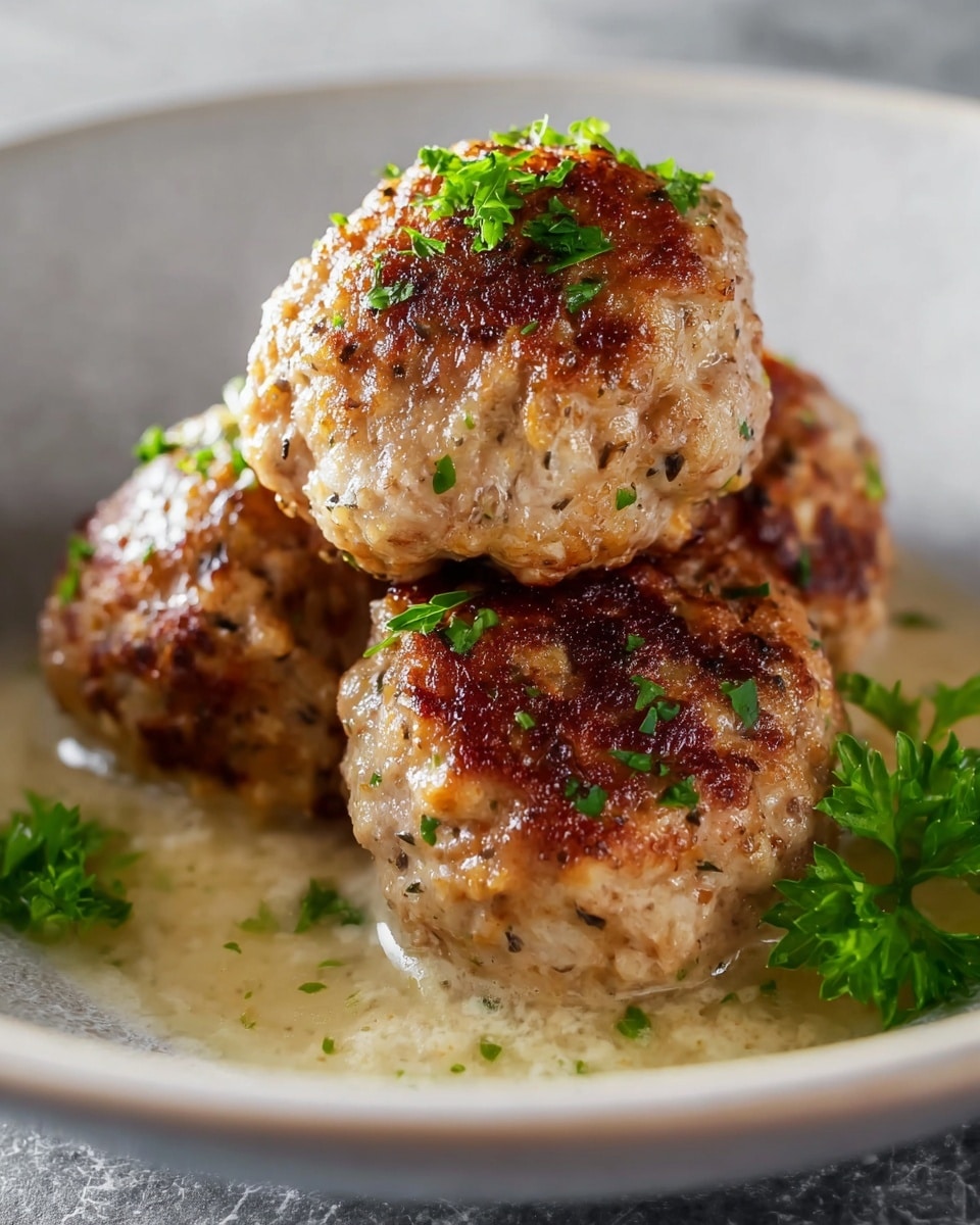 Three browned meatballs are stacked in a shallow white bowl with a light sauce pool at the bottom. The meatballs have a textured, slightly crispy surface with golden and darker brown spots, showing cooked bits of seasoning and meat. Fresh chopped green herbs are sprinkled on top and a few sprigs of parsley lay at the base, adding color contrast. The bowl sits on a white marbled surface, and the image is captured up close to show the juicy texture of the meatballs. photo taken with an iphone --ar 4:5 --v 7